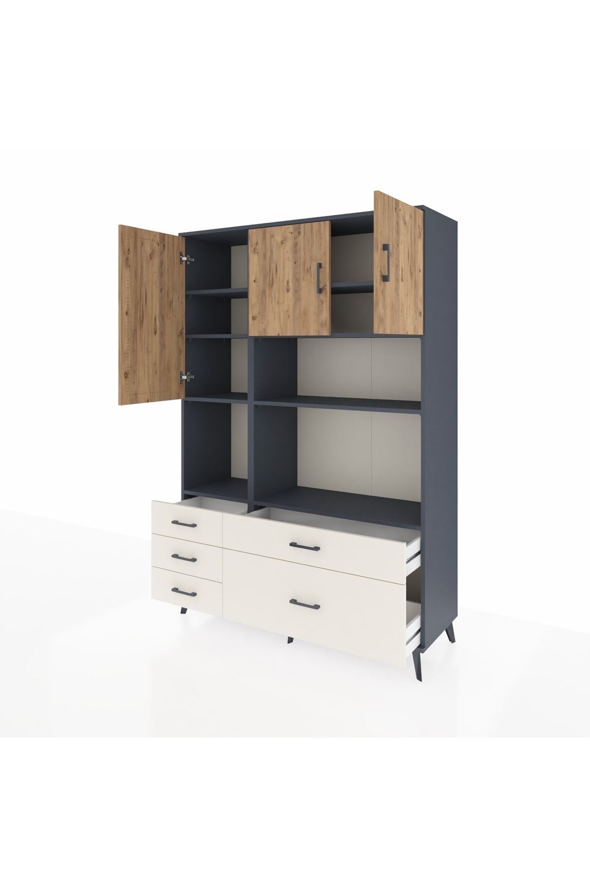 Hyperion Dolap 8 Raflı 5 Çekmeceli 3 Kapaklı 132x44x195 Antrasit-Çam/Aytaşı