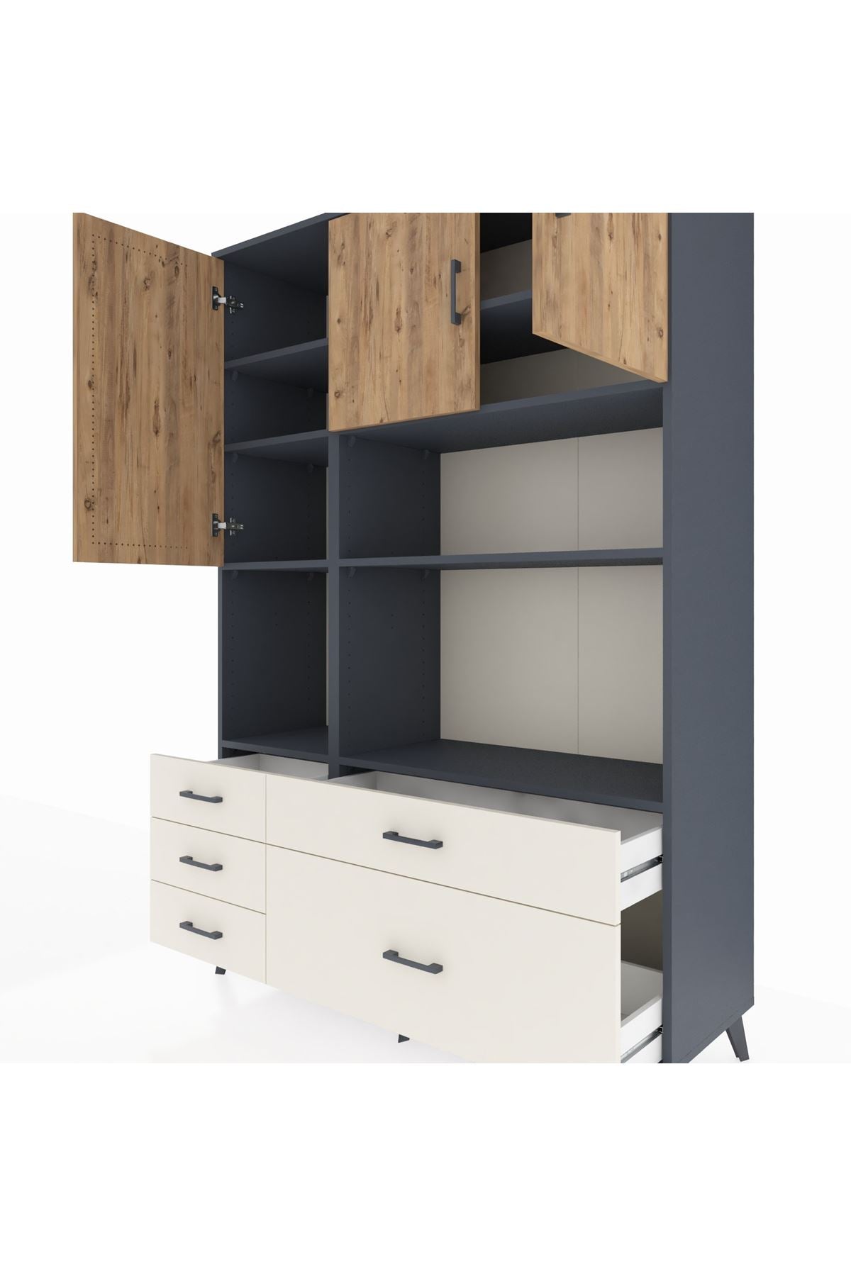 Hyperion Dolap 8 Raflı 5 Çekmeceli 3 Kapaklı 132x44x195 Antrasit-Çam/Aytaşı
