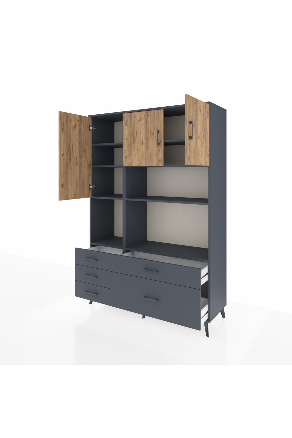 Hyperion Dolap 8 Raflı 5 Çekmeceli 3 Kapaklı 132x44x195 Antrasit-Çam/Antrasit
