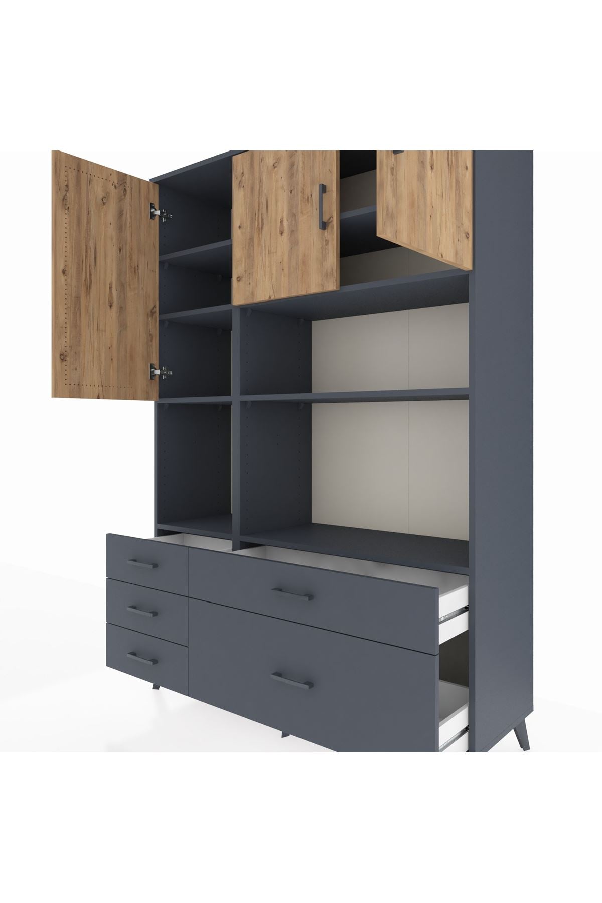 Hyperion Dolap 8 Raflı 5 Çekmeceli 3 Kapaklı 132x44x195 Antrasit-Çam/Antrasit