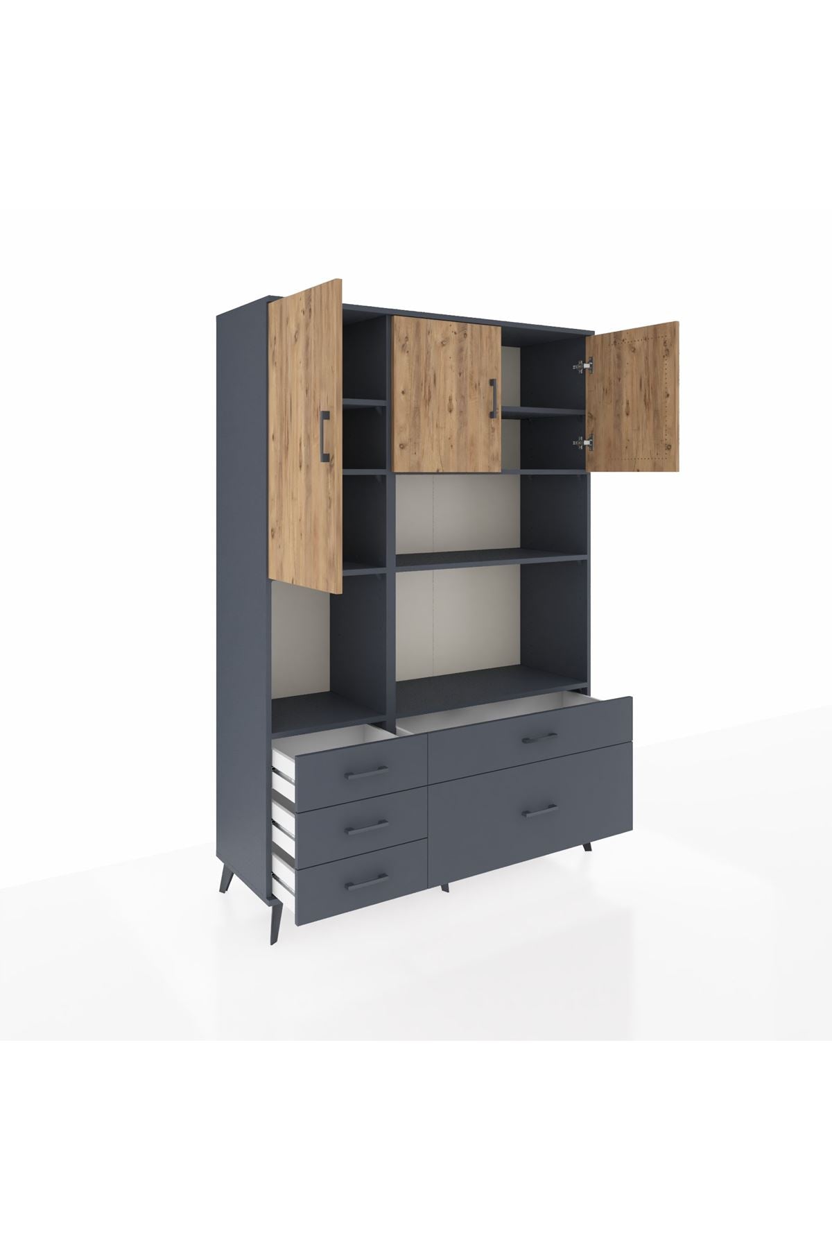 Hyperion Dolap 8 Raflı 5 Çekmeceli 3 Kapaklı 132x44x195 Antrasit-Çam/Antrasit