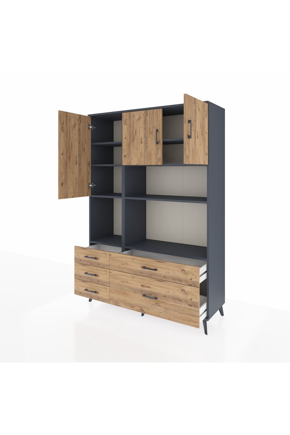 Hyperion Dolap 8 Raflı 5 Çekmeceli 3 Kapaklı 132x44x195 Antrasit-Çam/Çam
