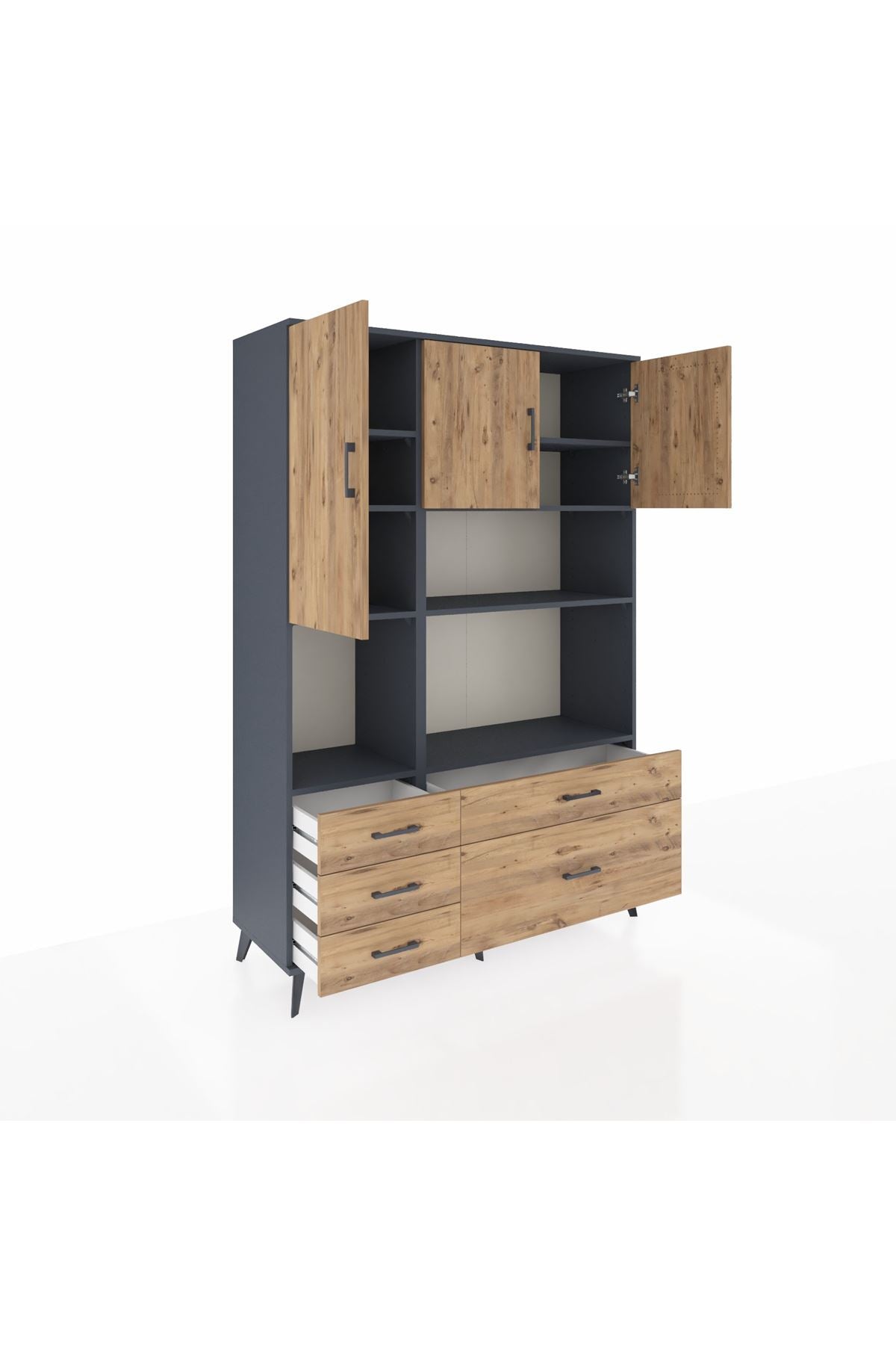 Hyperion Dolap 8 Raflı 5 Çekmeceli 3 Kapaklı 132x44x195 Antrasit-Çam/Çam