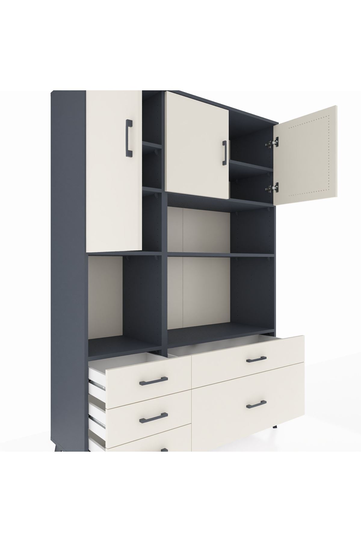 Hyperion Dolap 8 Raflı 5 Çekmeceli 3 Kapaklı 132x44x195 Antrasit-Aytaşı/Aytaşı