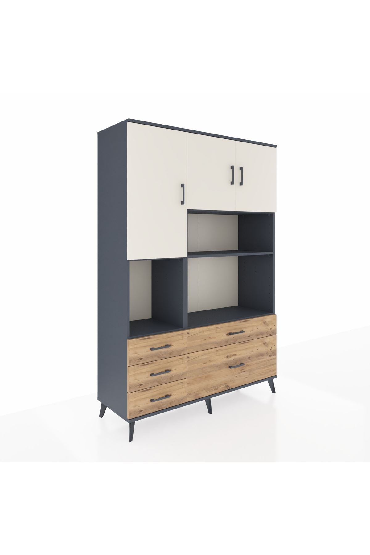 Hyperion Dolap 8 Raflı 5 Çekmeceli 3 Kapaklı 132x44x195 Antrasit-Aytaşı/Çam