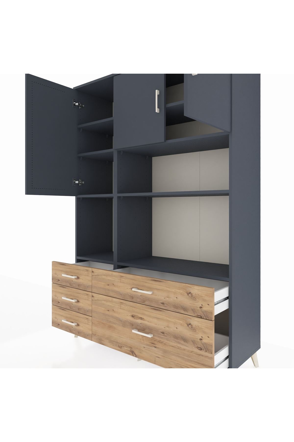 Hyperion Dolap 8 Raflı 5 Çekmeceli 3 Kapaklı 132x44x195 Antrasit-Antrasit/Çam