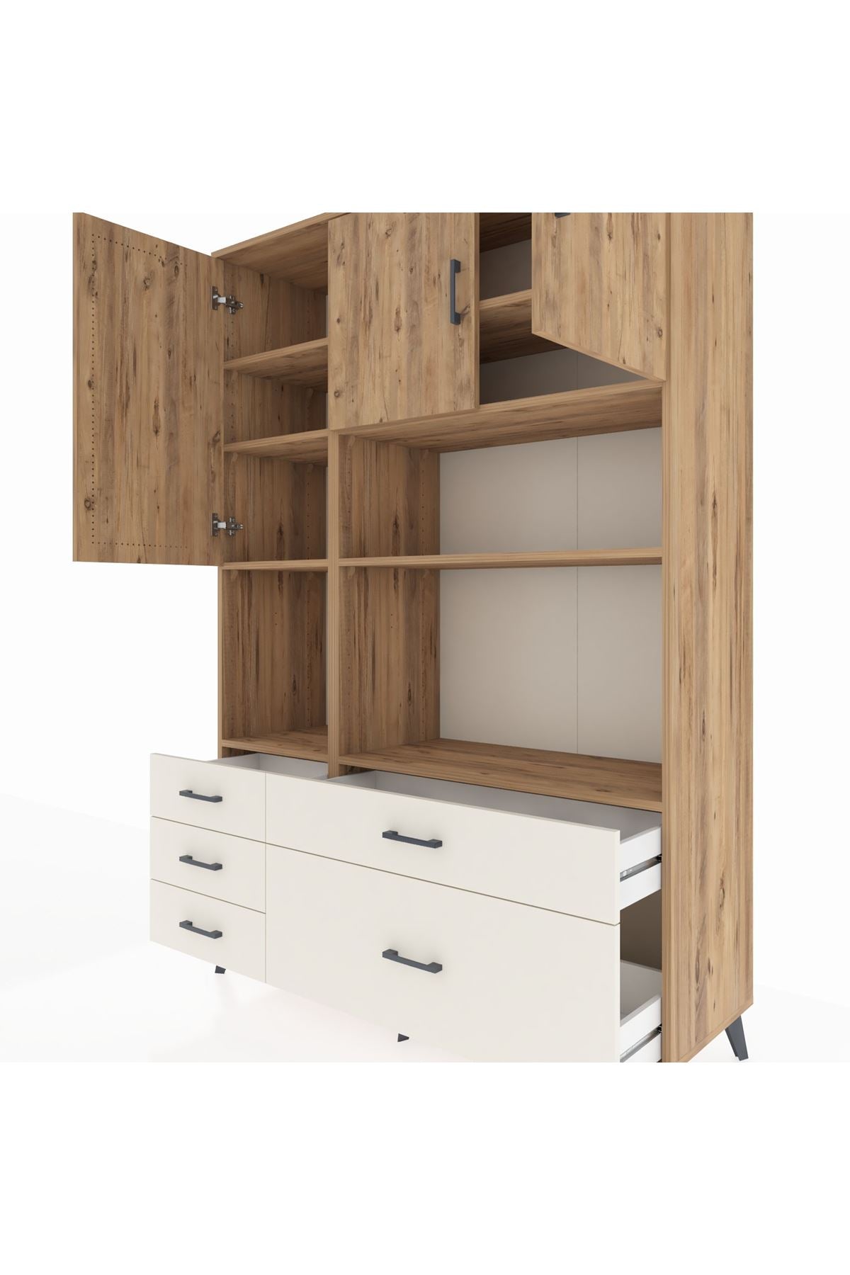 Hyperion Dolap 8 Raflı 5 Çekmeceli 3 Kapaklı 132x44x195 Çam-Çam/Aytaşı