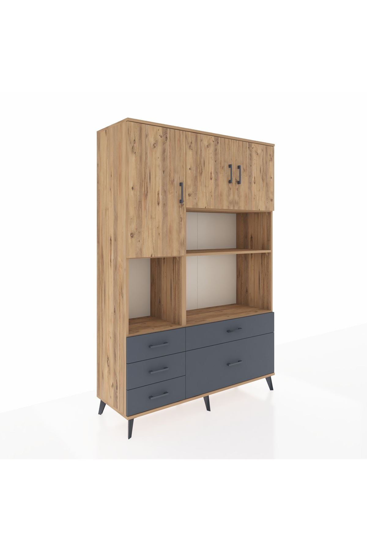 Hyperion Dolap 8 Raflı 5 Çekmeceli 3 Kapaklı 132x44x195 Çam-Çam/Antrasit