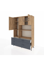 Hyperion Dolap 8 Raflı 5 Çekmeceli 3 Kapaklı 132x44x195 Çam-Çam/Antrasit