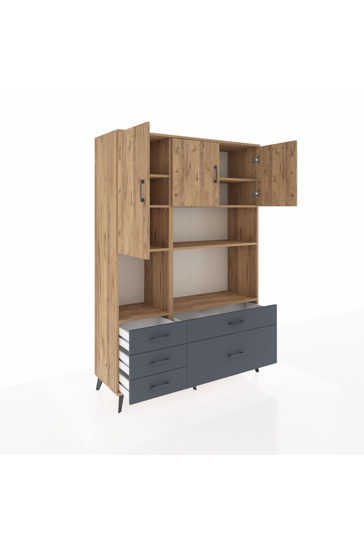Hyperion Dolap 8 Raflı 5 Çekmeceli 3 Kapaklı 132x44x195 Çam-Çam/Antrasit