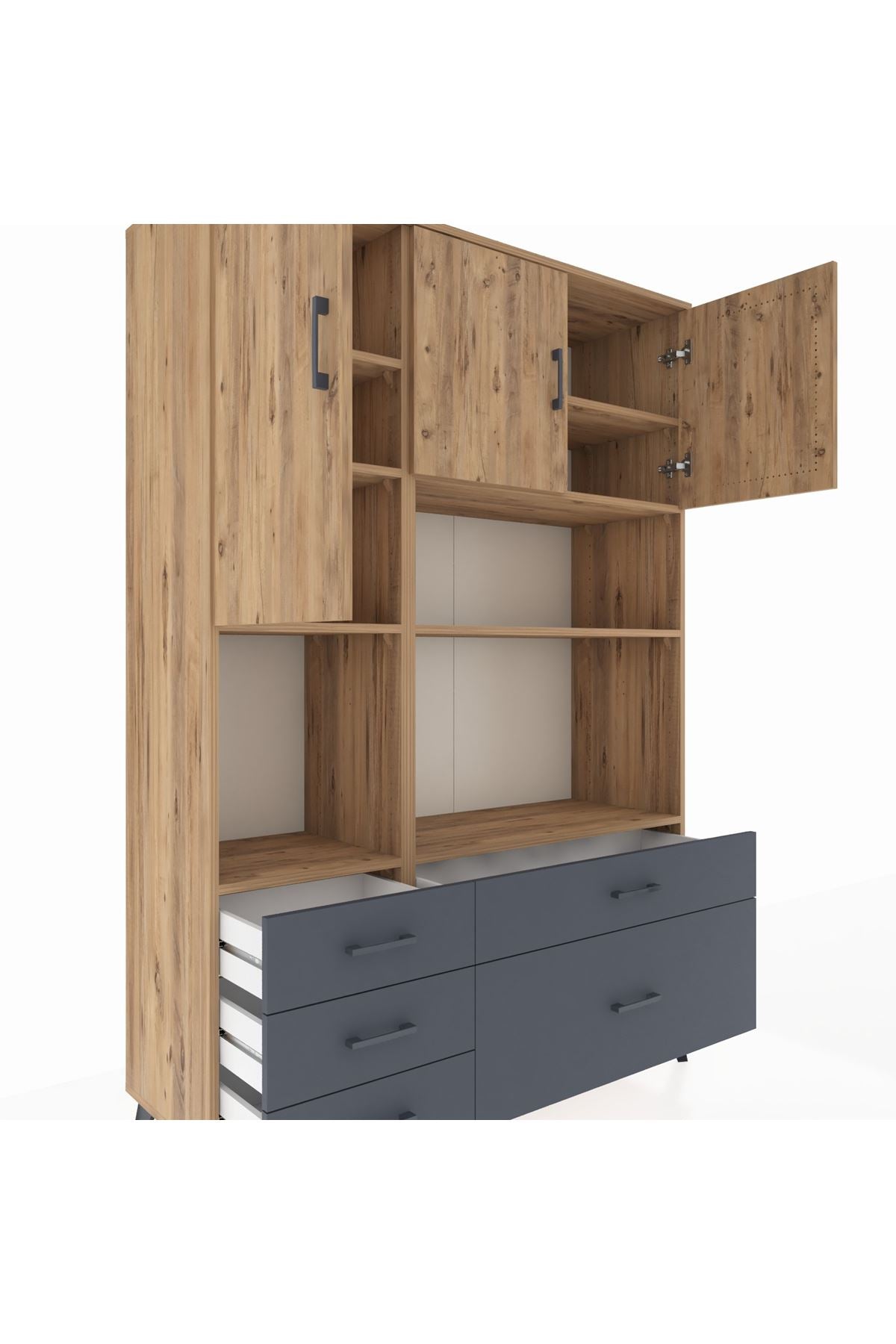 Hyperion Dolap 8 Raflı 5 Çekmeceli 3 Kapaklı 132x44x195 Çam-Çam/Antrasit