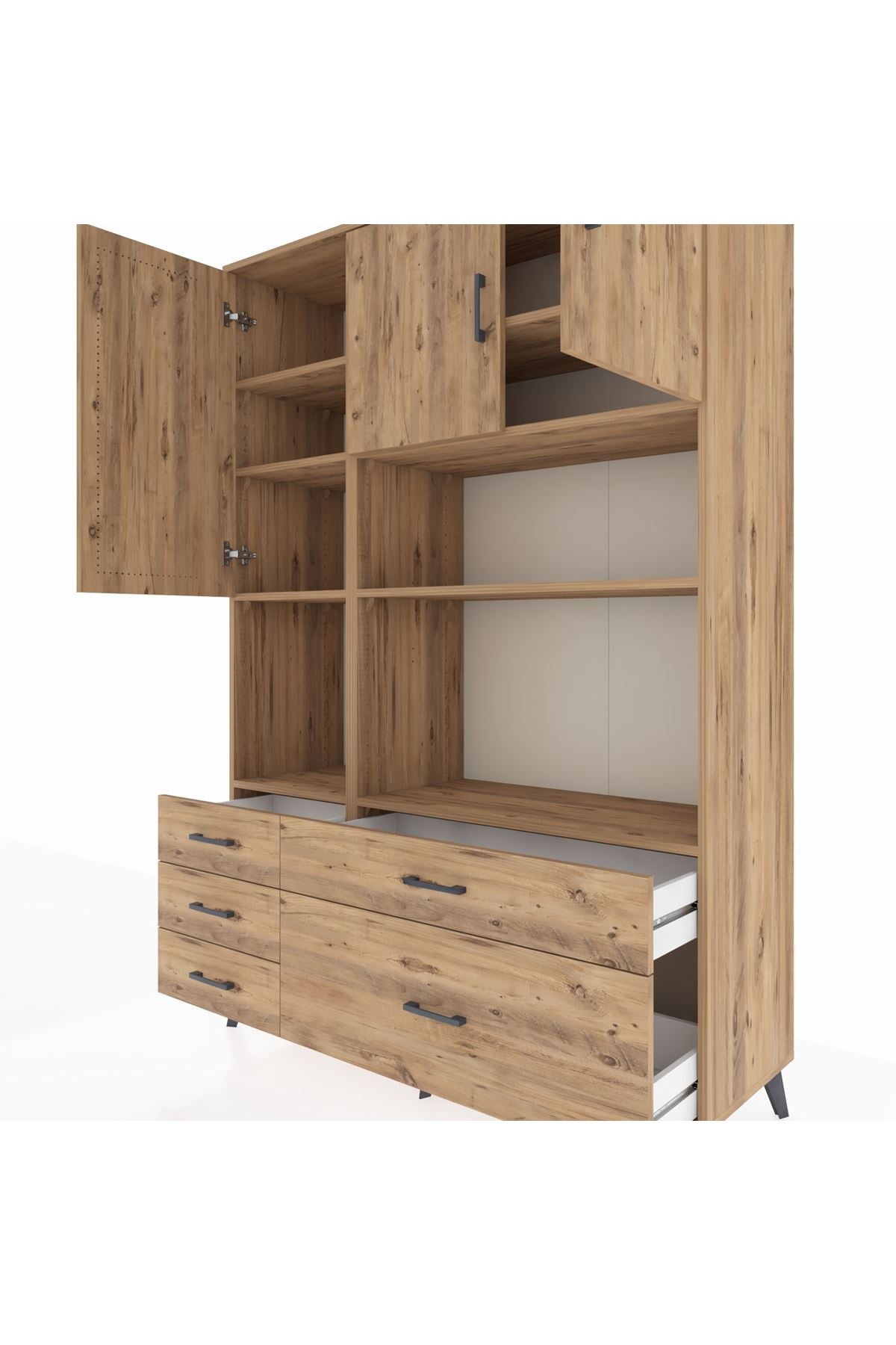 Hyperion Dolap 8 Raflı 5 Çekmeceli 3 Kapaklı 132x44x195 Çam-Çam/Çam