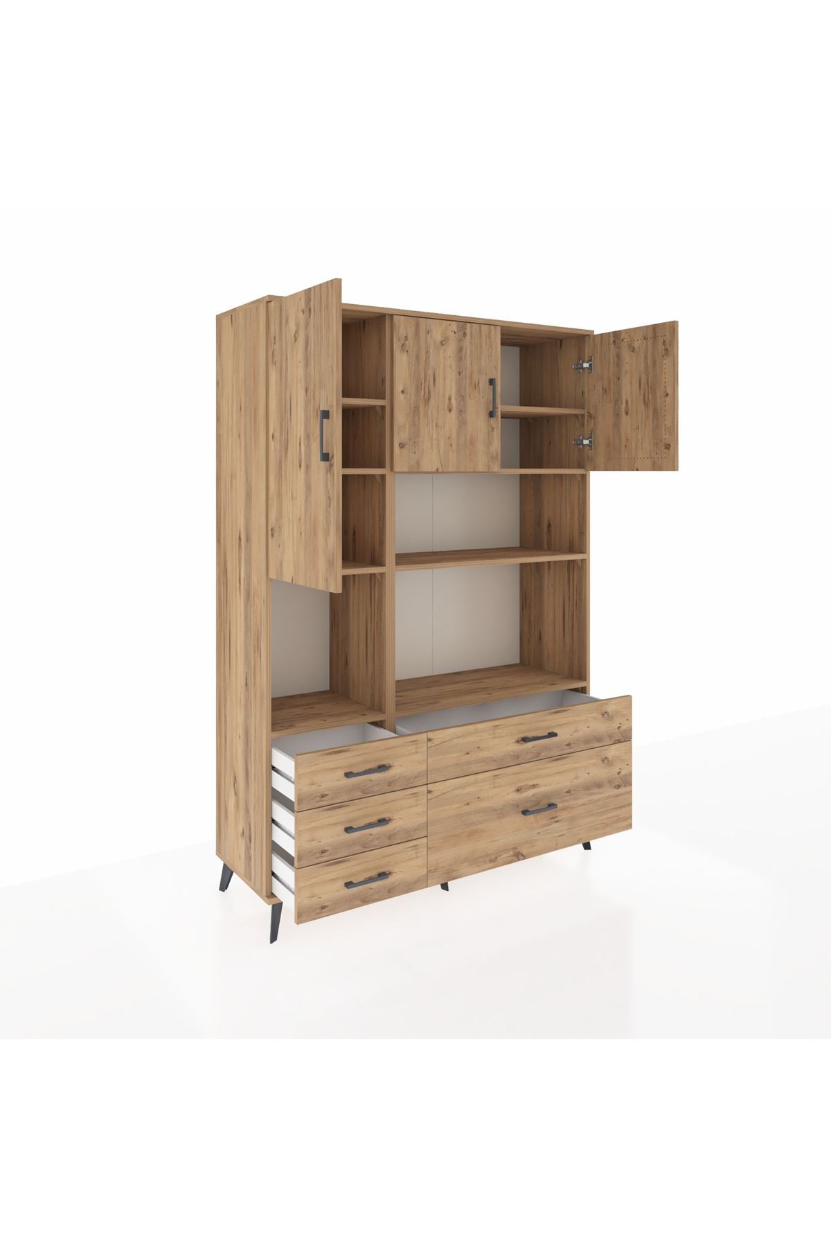 Hyperion Dolap 8 Raflı 5 Çekmeceli 3 Kapaklı 132x44x195 Çam-Çam/Çam