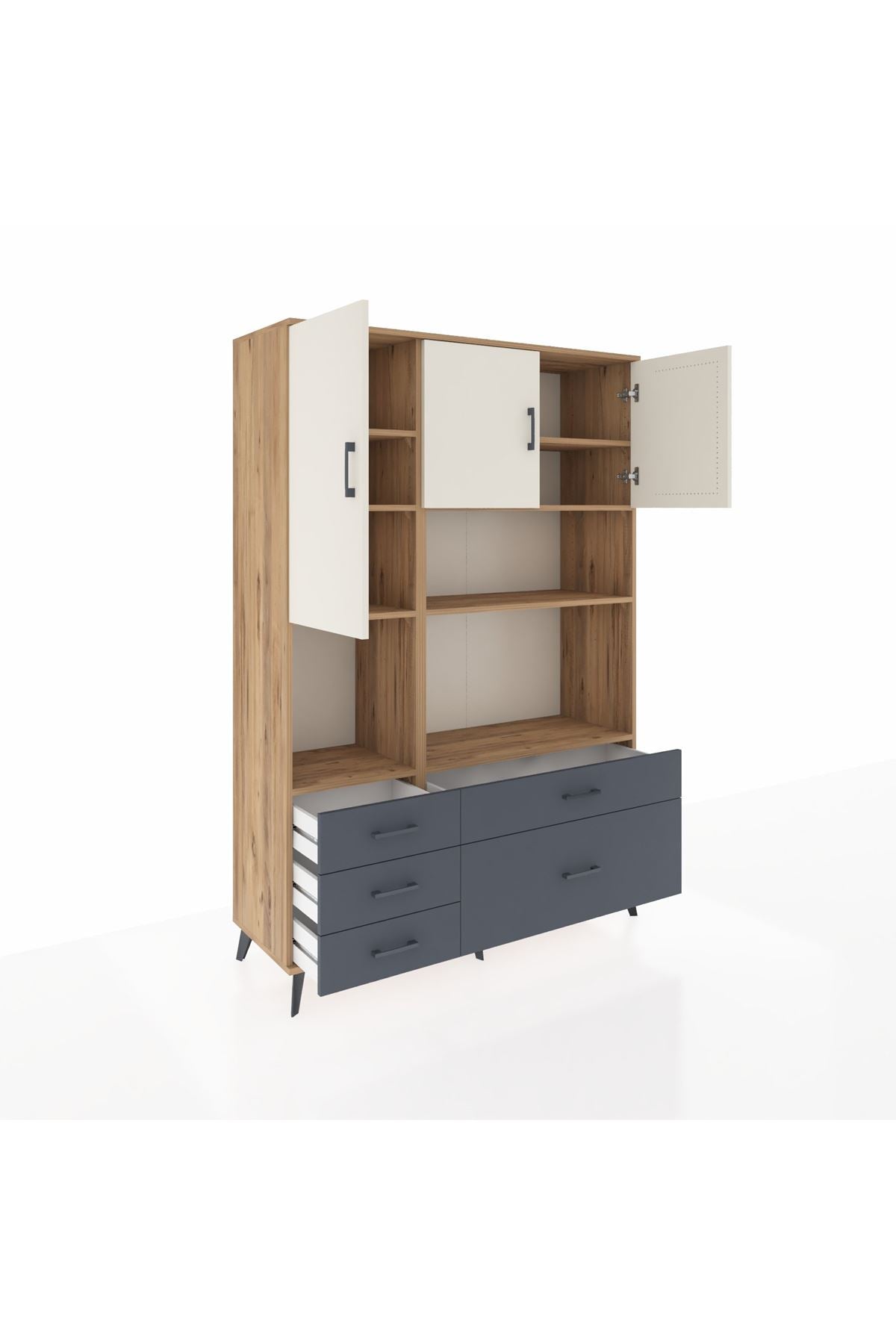Hyperion Dolap 8 Raflı 5 Çekmeceli 3 Kapaklı 132x44x195 Çam-Aytaşı/Antrasit