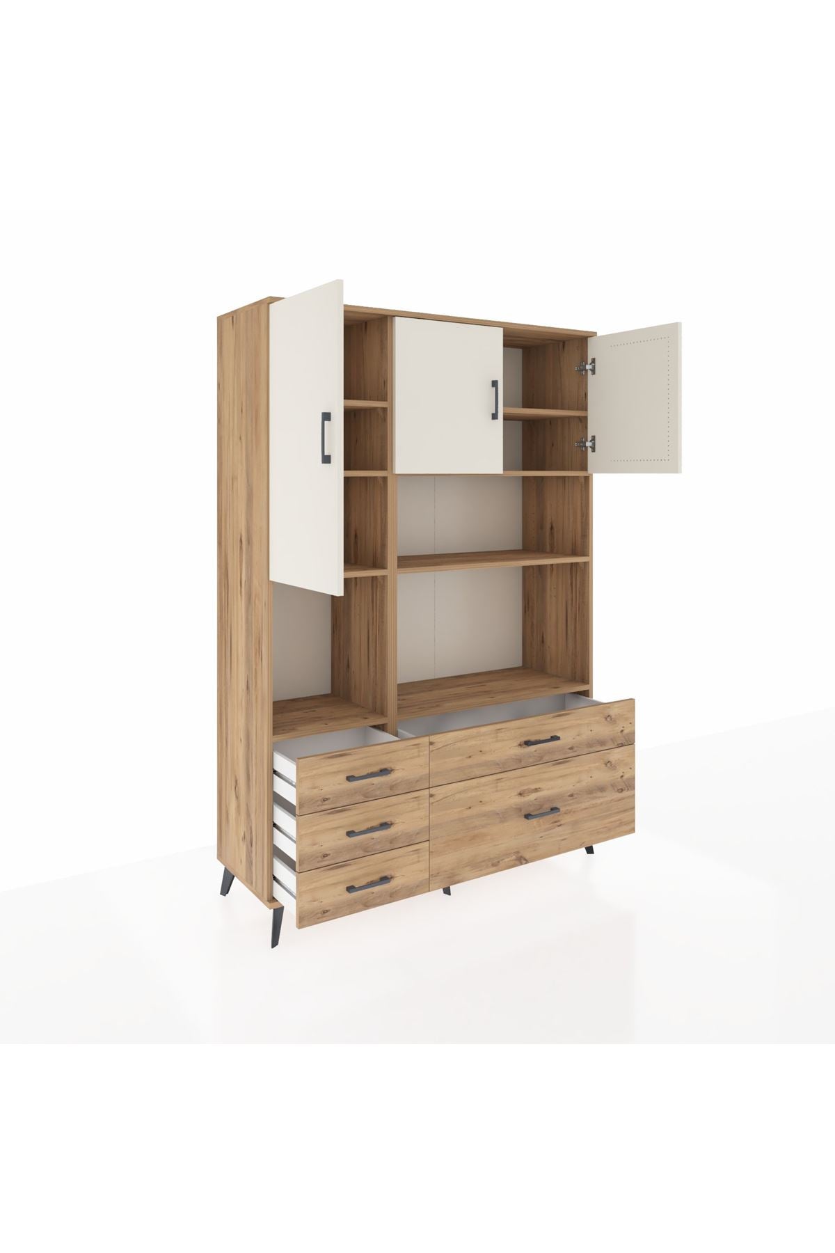 Hyperion Dolap 8 Raflı 5 Çekmeceli 3 Kapaklı 132x44x195 Çam-Aytaşı/Çam