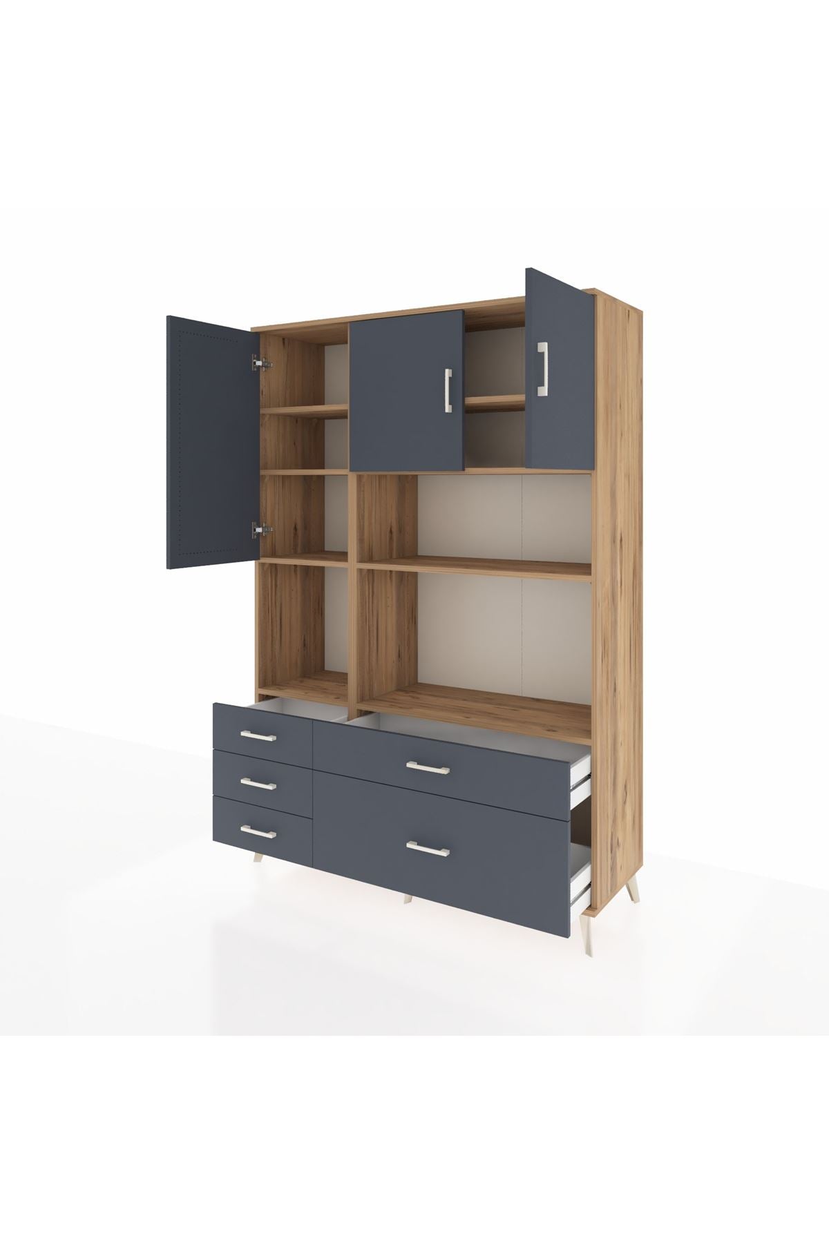 Hyperion Dolap 8 Raflı 5 Çekmeceli 3 Kapaklı 132x44x195 Çam-Antrasit/Antrasit