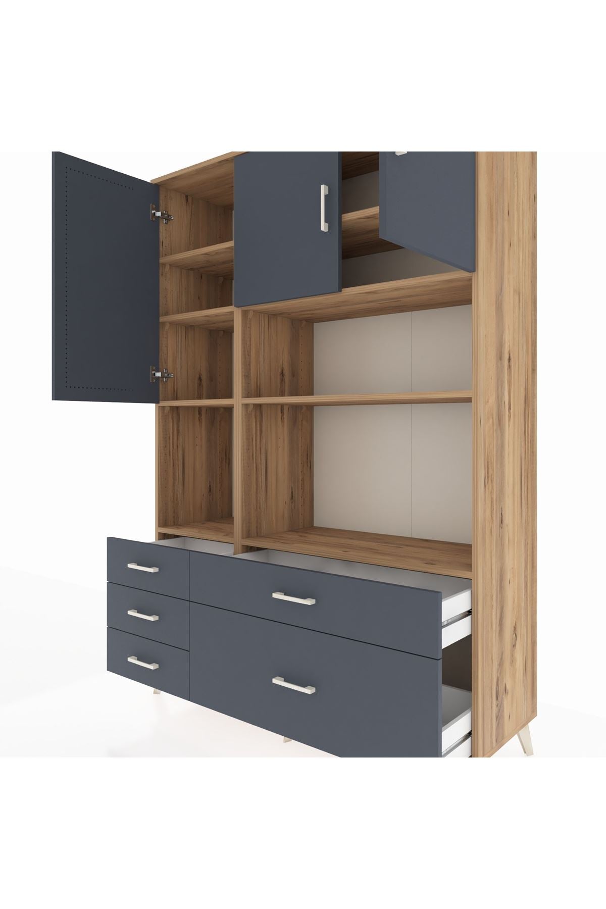 Hyperion Dolap 8 Raflı 5 Çekmeceli 3 Kapaklı 132x44x195 Çam-Antrasit/Antrasit