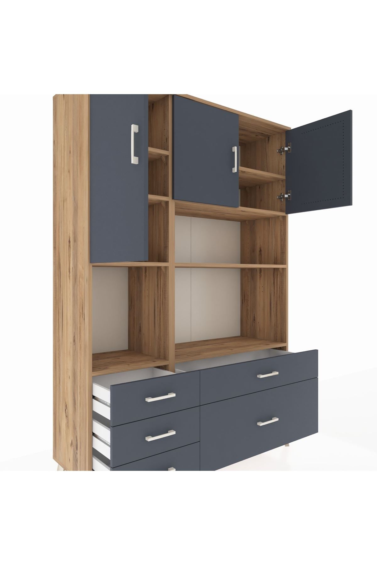 Hyperion Dolap 8 Raflı 5 Çekmeceli 3 Kapaklı 132x44x195 Çam-Antrasit/Antrasit
