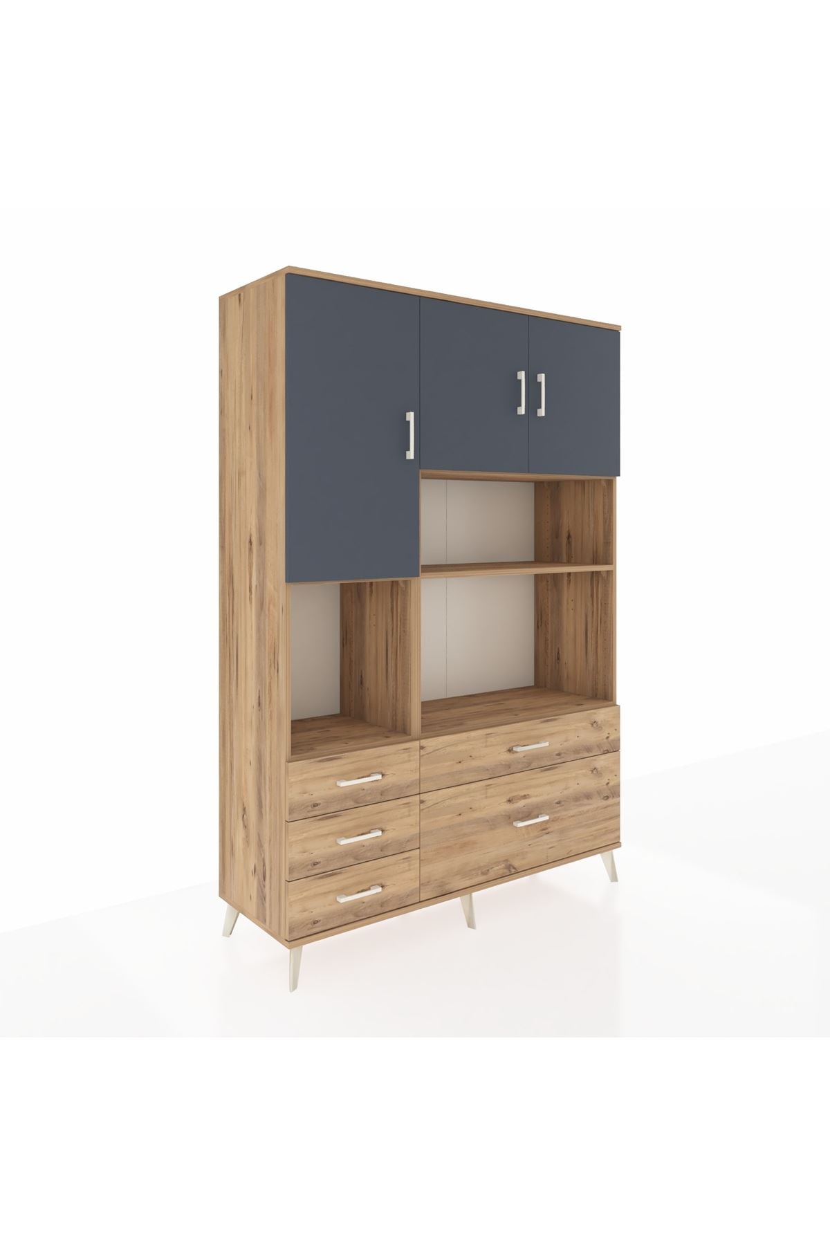 Hyperion Dolap 8 Raflı 5 Çekmeceli 3 Kapaklı 132x44x195 Çam-Antrasit/Çam