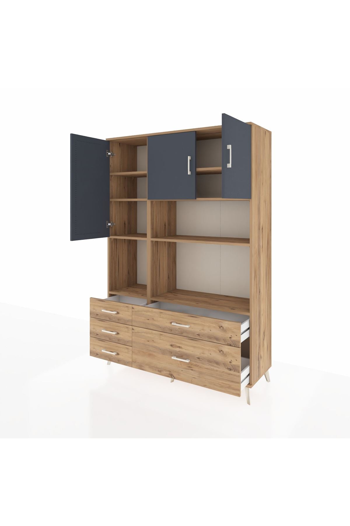 Hyperion Dolap 8 Raflı 5 Çekmeceli 3 Kapaklı 132x44x195 Çam-Antrasit/Çam