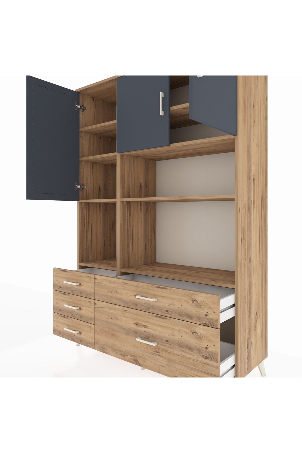 Hyperion Dolap 8 Raflı 5 Çekmeceli 3 Kapaklı 132x44x195 Çam-Antrasit/Çam