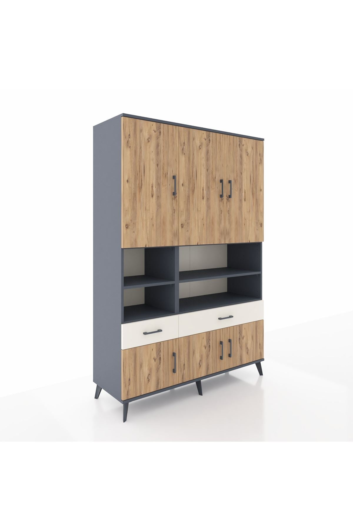 Hyperion Dolap 8 Raflı 2 Çekmeceli 6 Kapaklı 132x44x195 Antrasit-Çam/Aytaşı