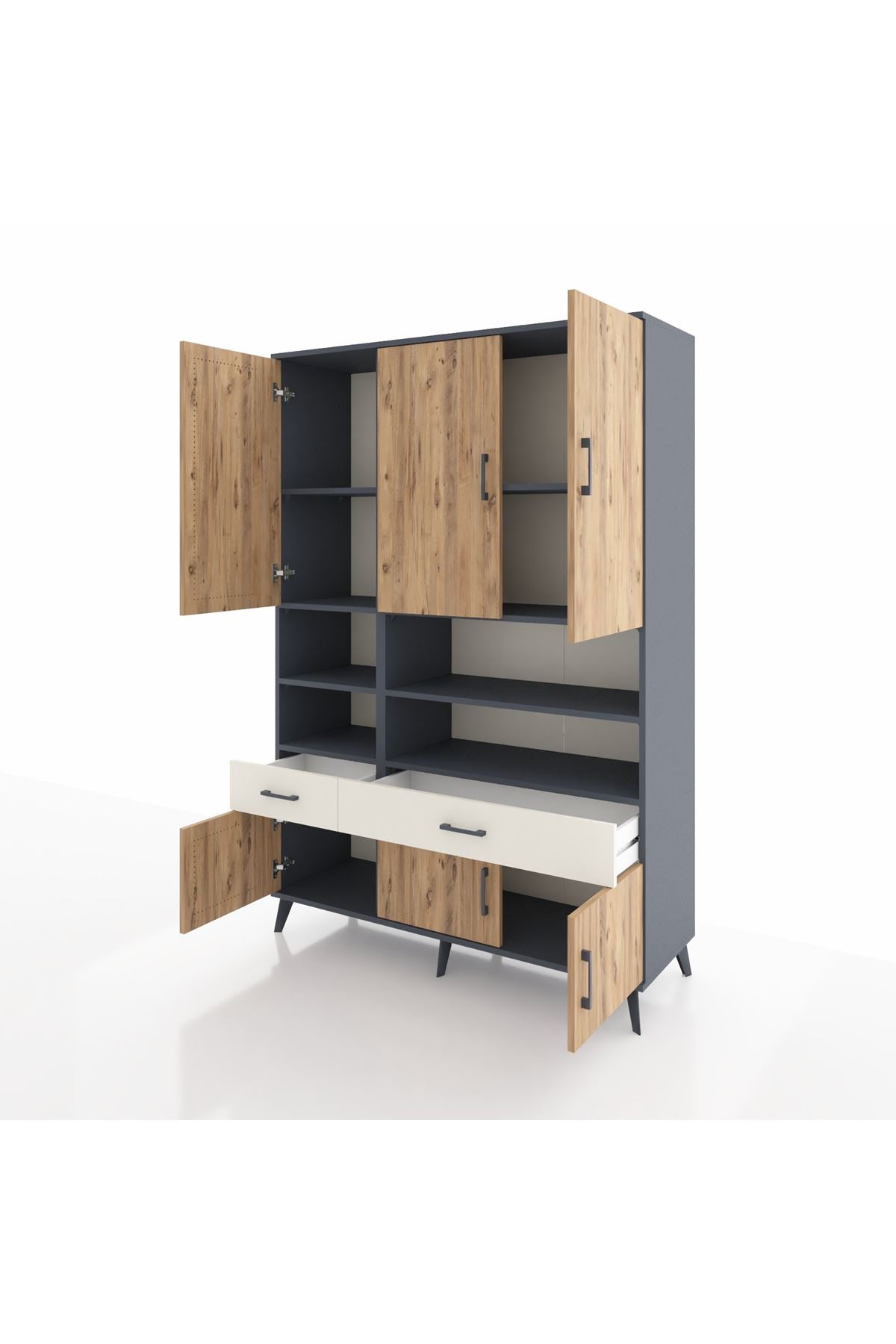 Hyperion Dolap 8 Raflı 2 Çekmeceli 6 Kapaklı 132x44x195 Antrasit-Çam/Aytaşı