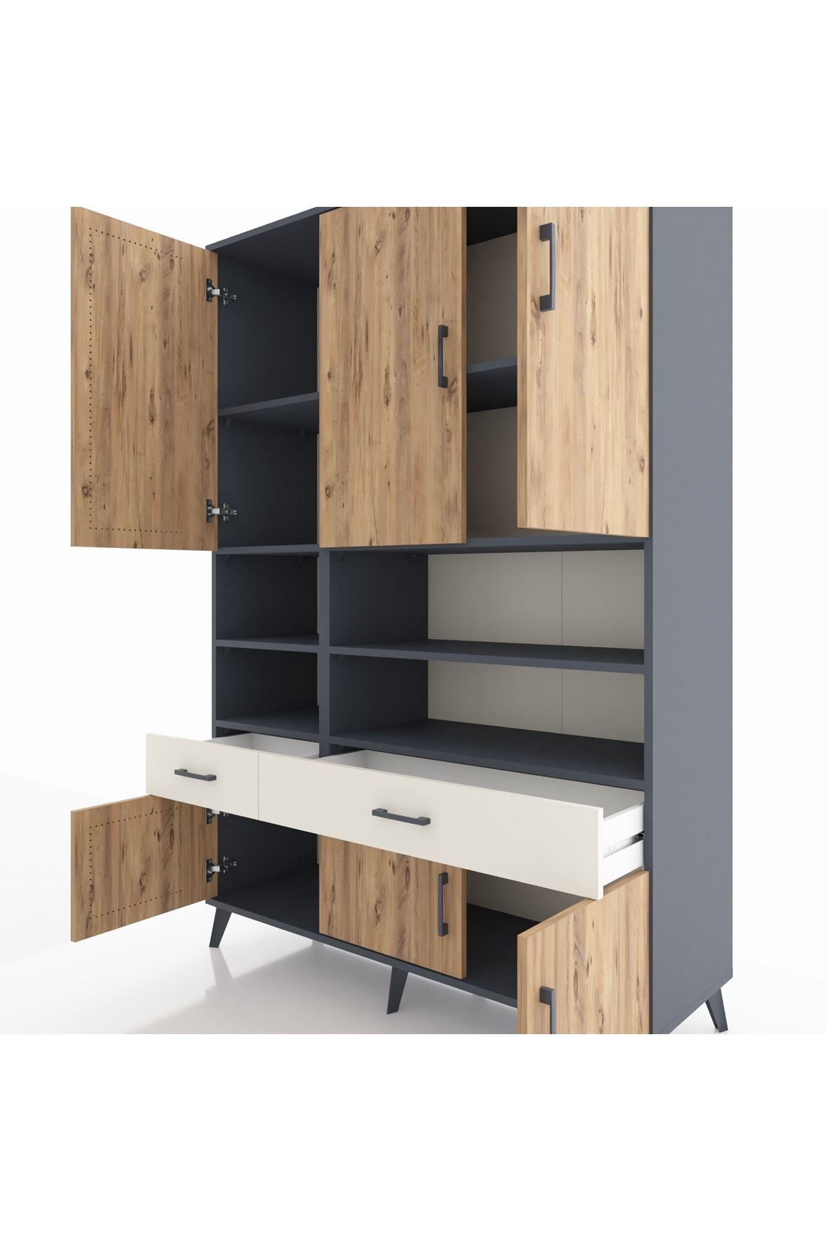 Hyperion Dolap 8 Raflı 2 Çekmeceli 6 Kapaklı 132x44x195 Antrasit-Çam/Aytaşı