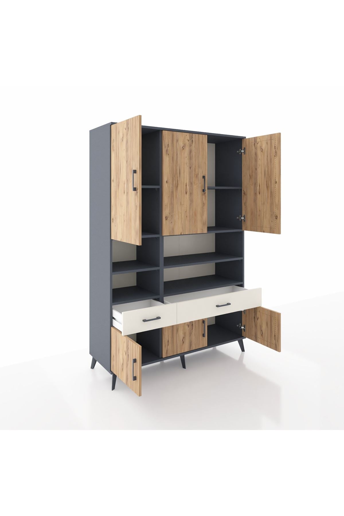 Hyperion Dolap 8 Raflı 2 Çekmeceli 6 Kapaklı 132x44x195 Antrasit-Çam/Aytaşı