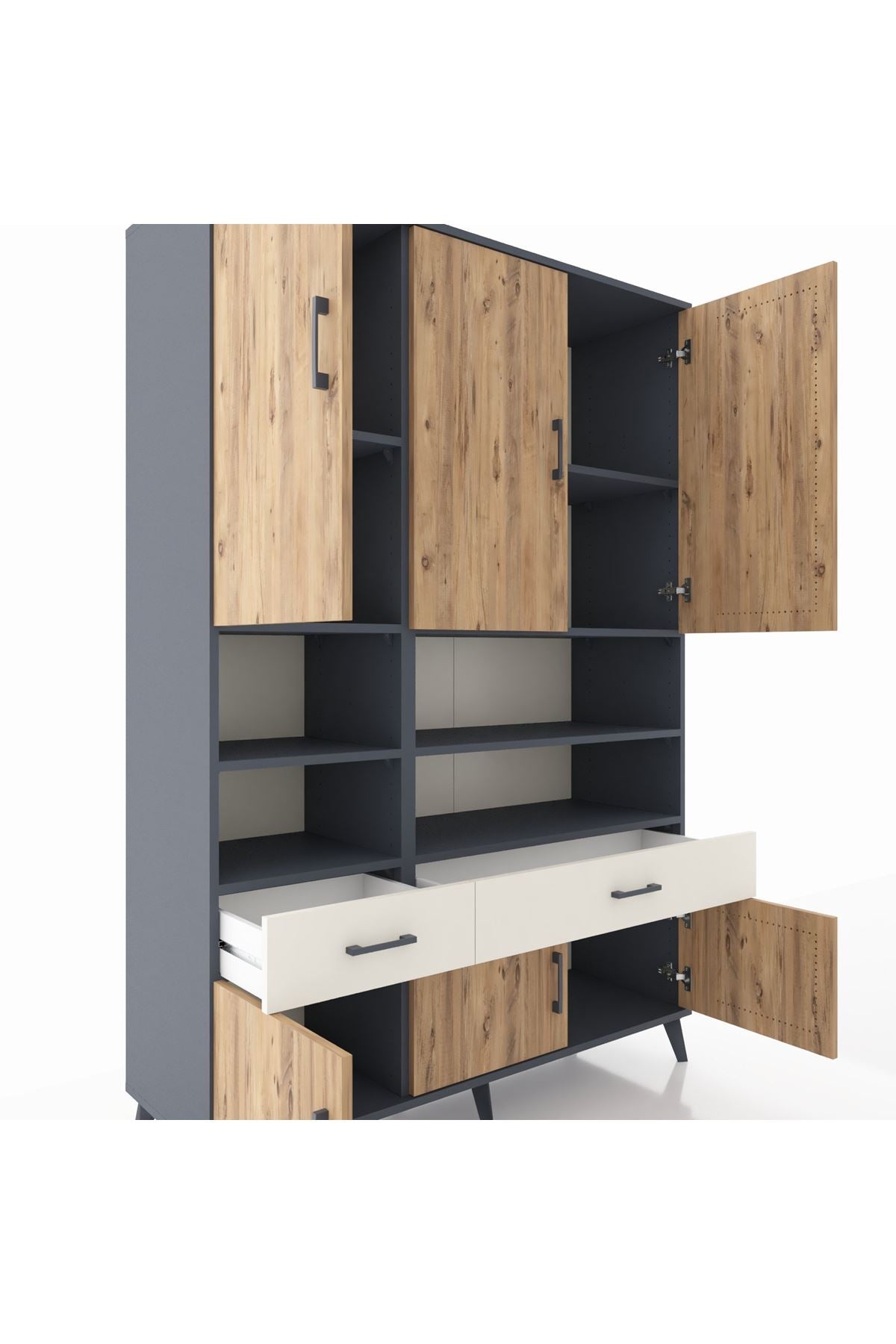 Hyperion Dolap 8 Raflı 2 Çekmeceli 6 Kapaklı 132x44x195 Antrasit-Çam/Aytaşı