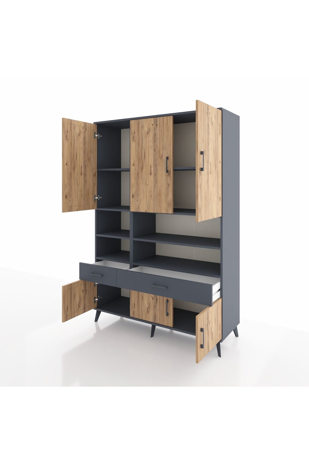 Hyperion Dolap 8 Raflı 2 Çekmeceli 6 Kapaklı 132x44x195 Antrasit-Çam/Antrasit