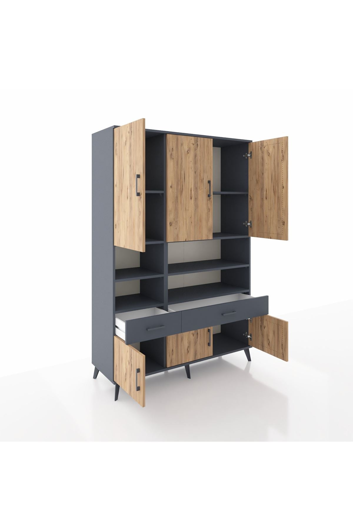 Hyperion Dolap 8 Raflı 2 Çekmeceli 6 Kapaklı 132x44x195 Antrasit-Çam/Antrasit