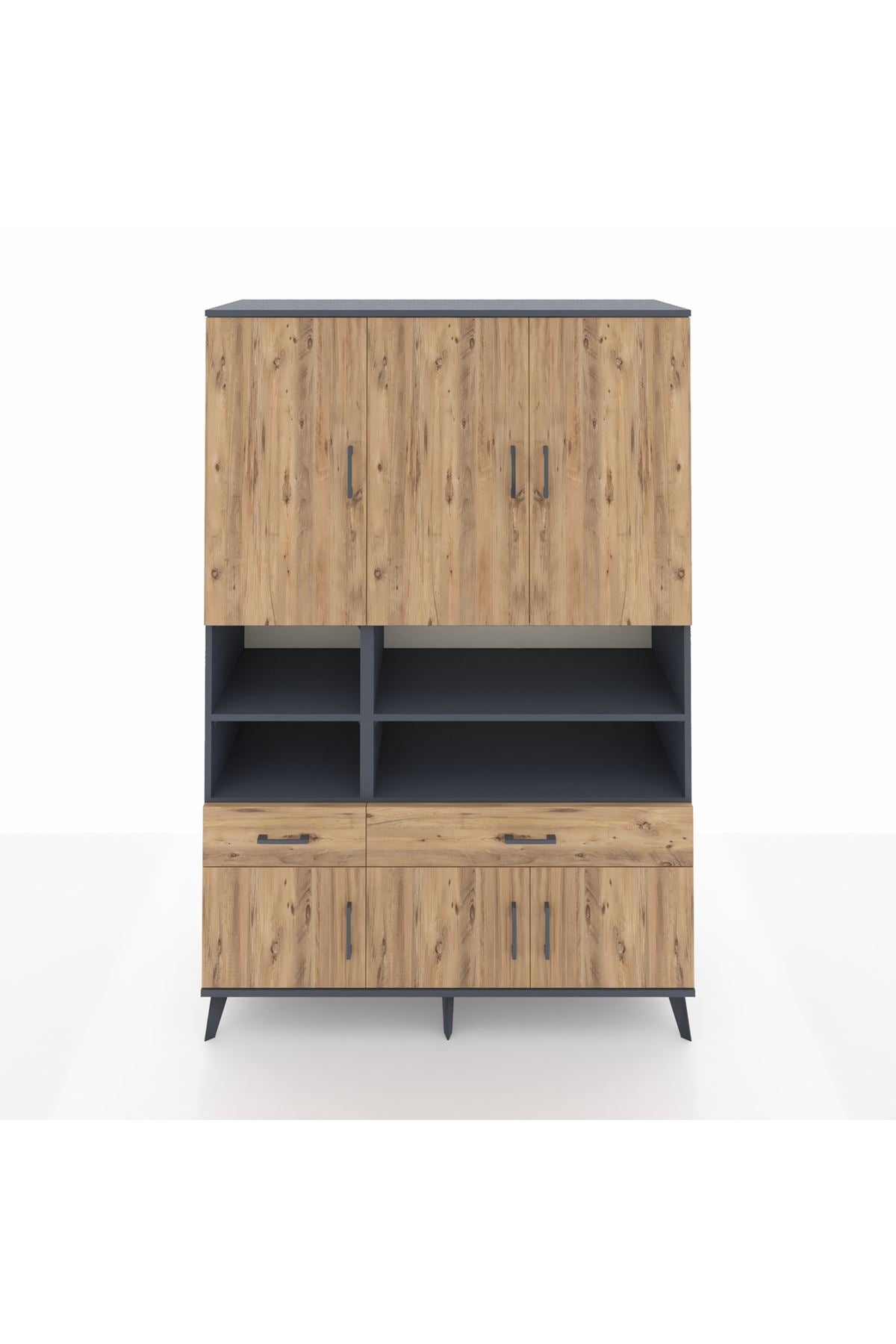 Hyperion Dolap 8 Raflı 2 Çekmeceli 6 Kapaklı 132x44x195 Antrasit-Çam/Çam