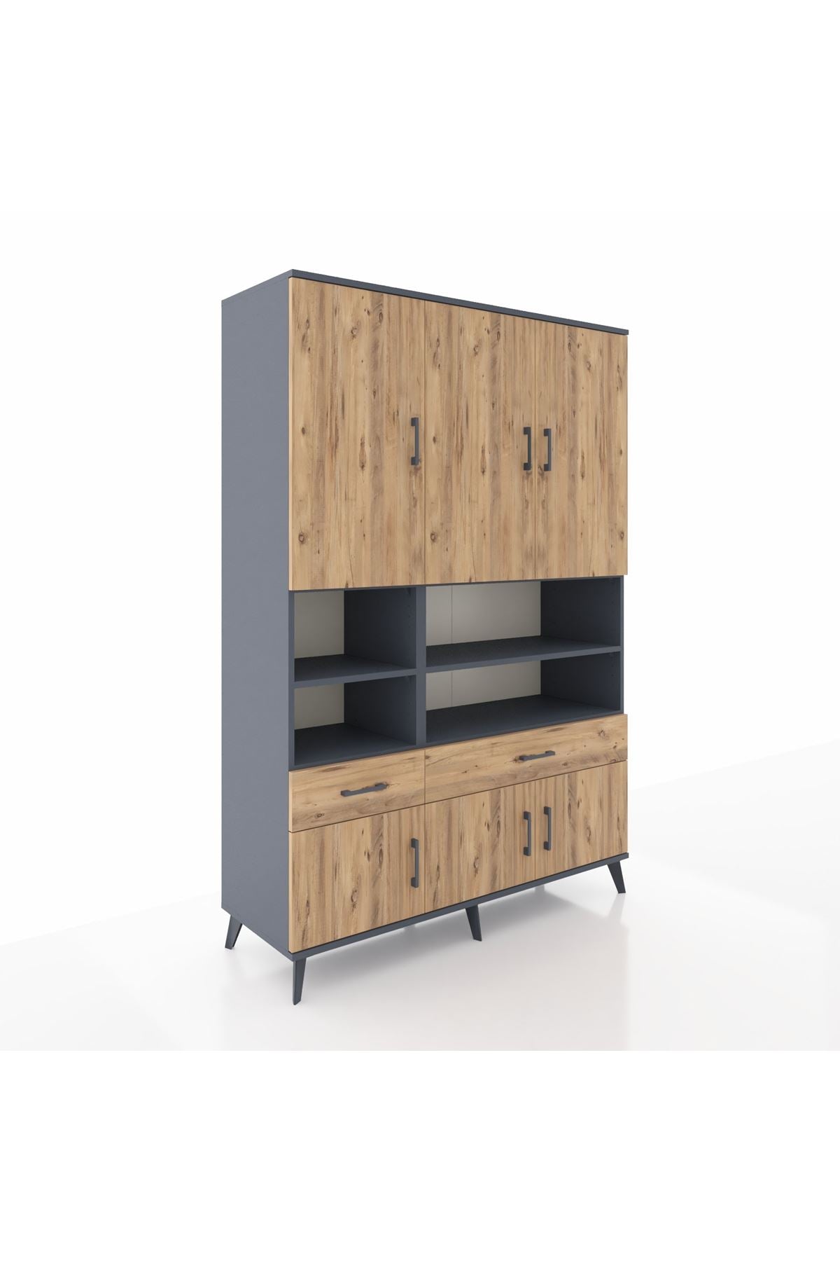 Hyperion Dolap 8 Raflı 2 Çekmeceli 6 Kapaklı 132x44x195 Antrasit-Çam/Çam