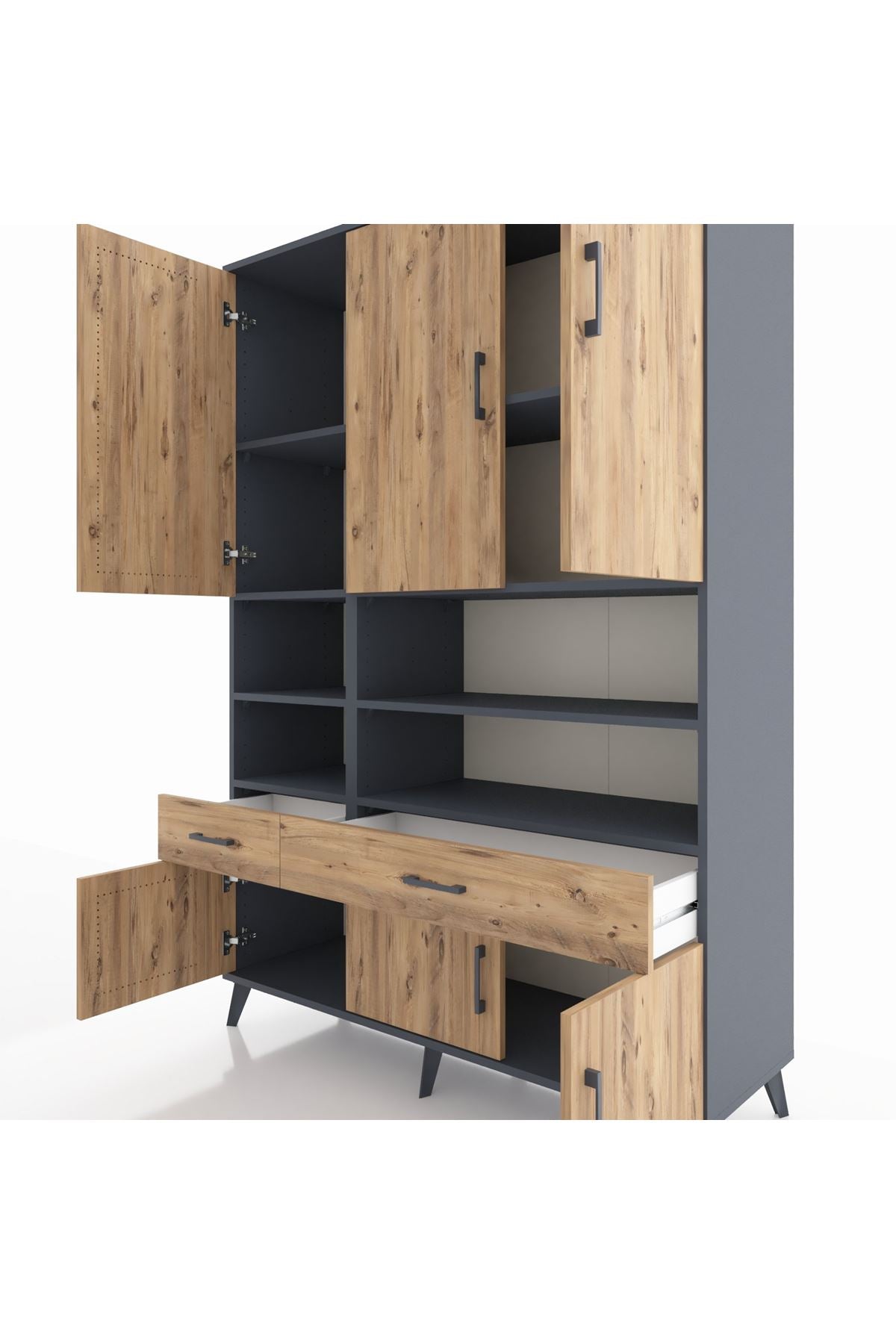 Hyperion Dolap 8 Raflı 2 Çekmeceli 6 Kapaklı 132x44x195 Antrasit-Çam/Çam