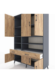 Hyperion Dolap 8 Raflı 2 Çekmeceli 6 Kapaklı 132x44x195 Antrasit-Çam/Çam