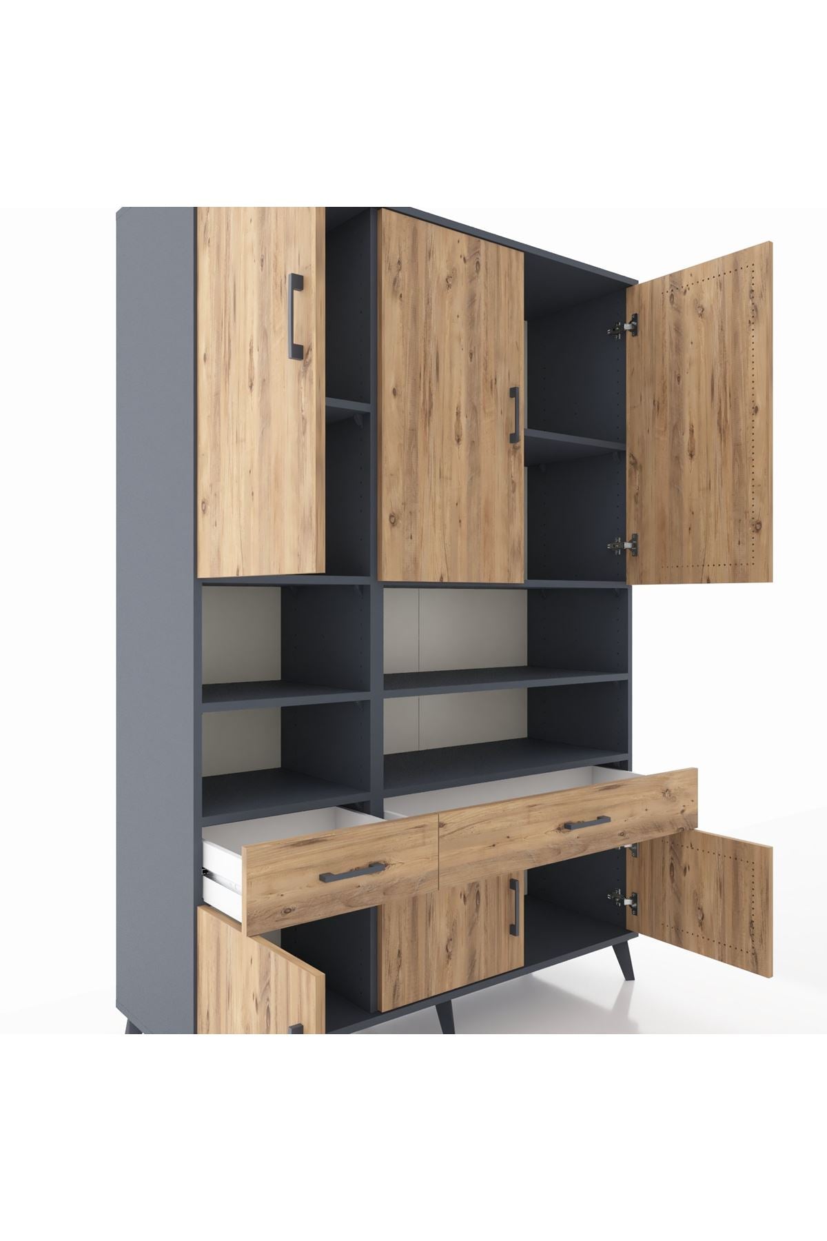 Hyperion Dolap 8 Raflı 2 Çekmeceli 6 Kapaklı 132x44x195 Antrasit-Çam/Çam
