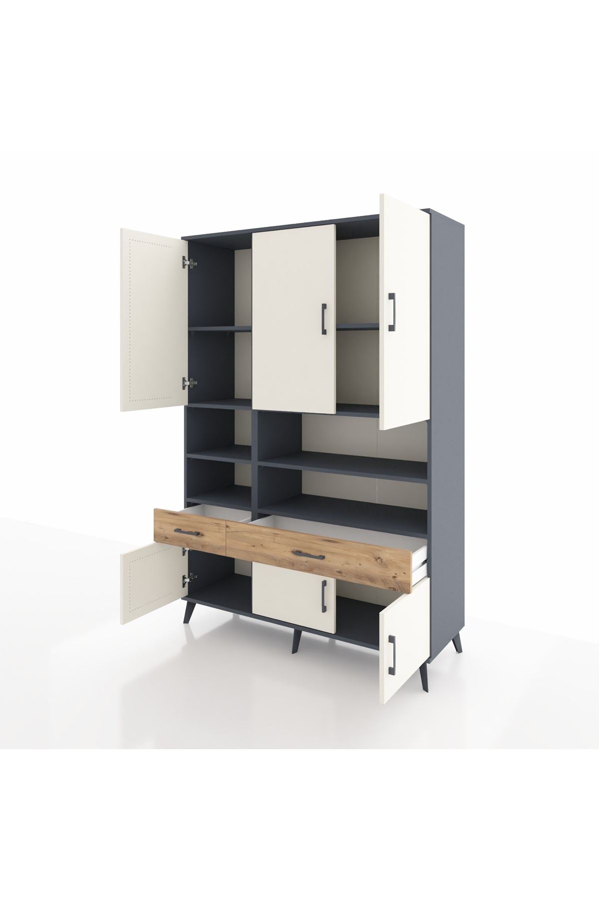 Hyperion Dolap 8 Raflı 2 Çekmeceli 6 Kapaklı 132x44x195 Antrasit-Aytaşı/Çam