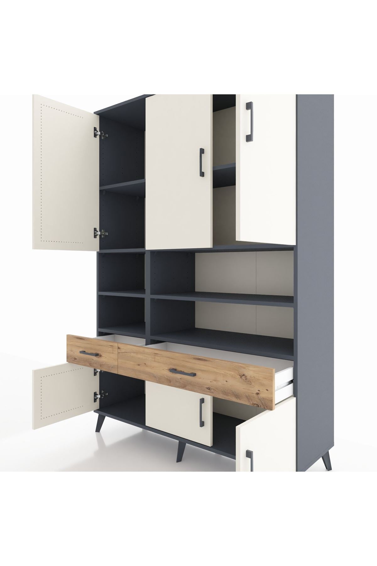 Hyperion Dolap 8 Raflı 2 Çekmeceli 6 Kapaklı 132x44x195 Antrasit-Aytaşı/Çam