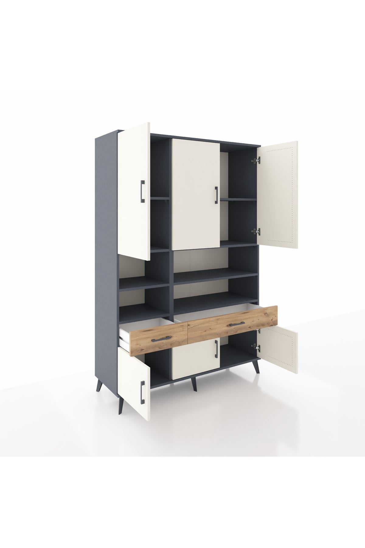 Hyperion Dolap 8 Raflı 2 Çekmeceli 6 Kapaklı 132x44x195 Antrasit-Aytaşı/Çam