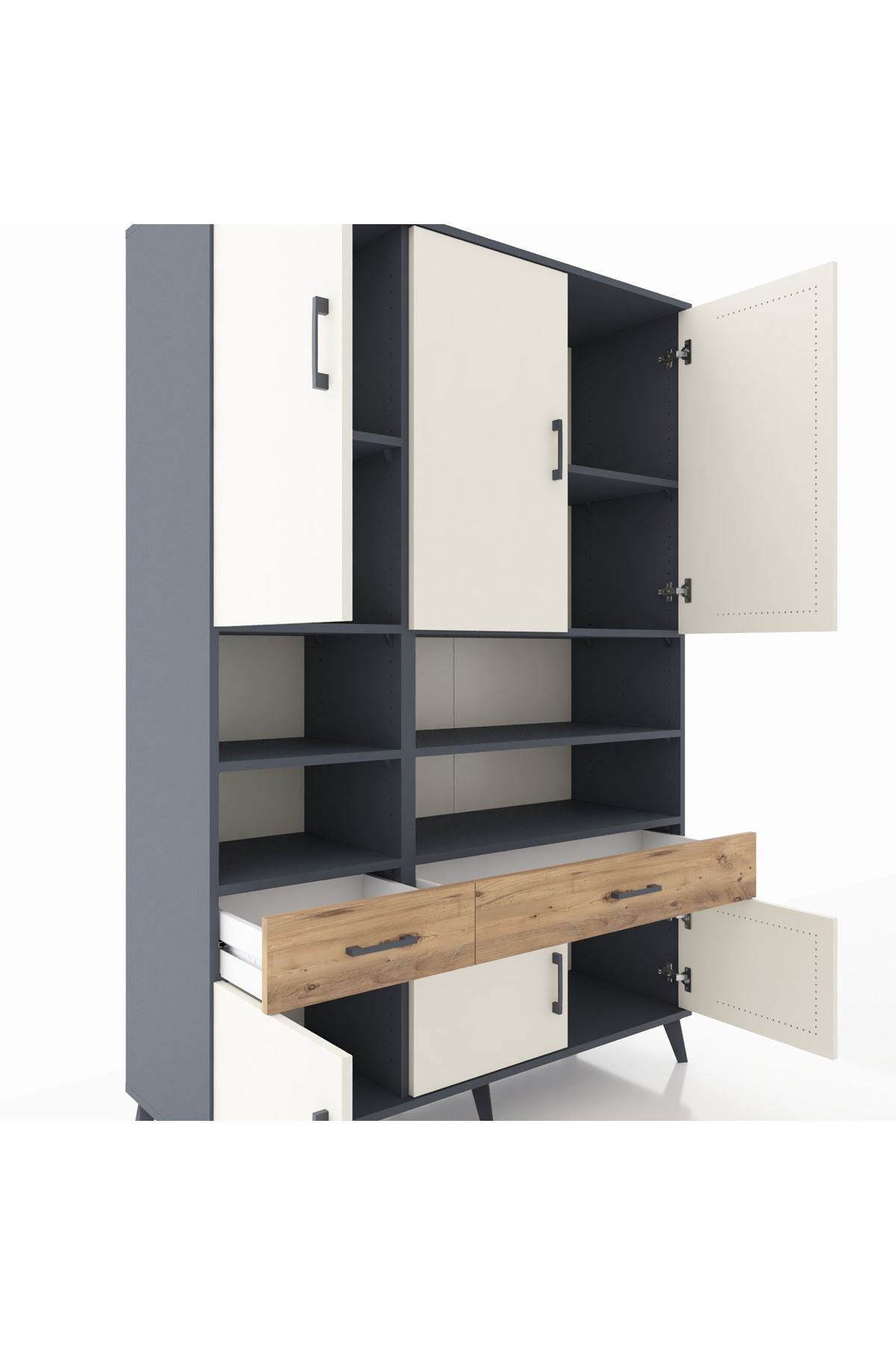 Hyperion Dolap 8 Raflı 2 Çekmeceli 6 Kapaklı 132x44x195 Antrasit-Aytaşı/Çam