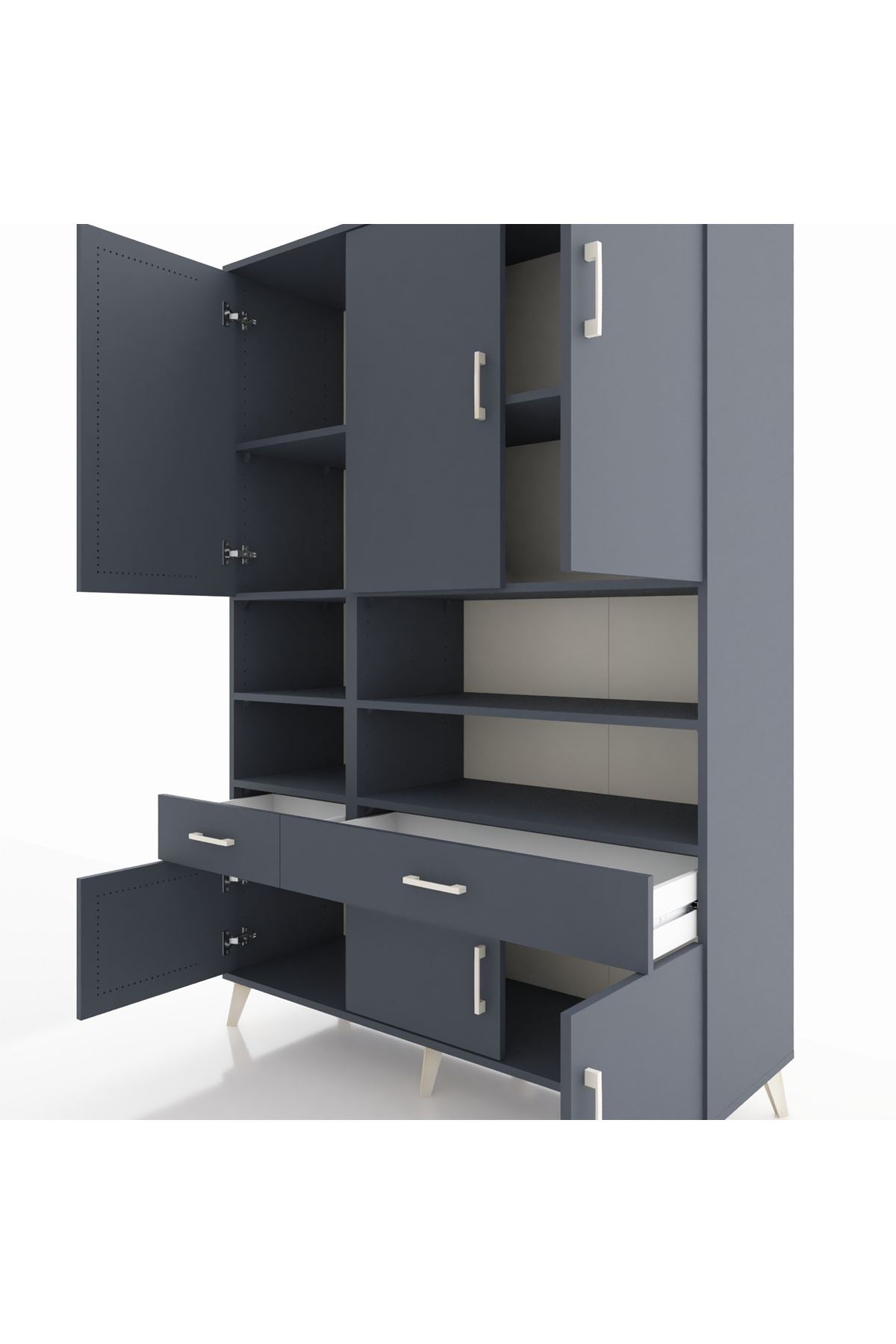 Hyperion Dolap 8 Raflı 2 Çekmeceli 6 Kapaklı 132x44x195 Antrasit-Antrasit/Antrasit