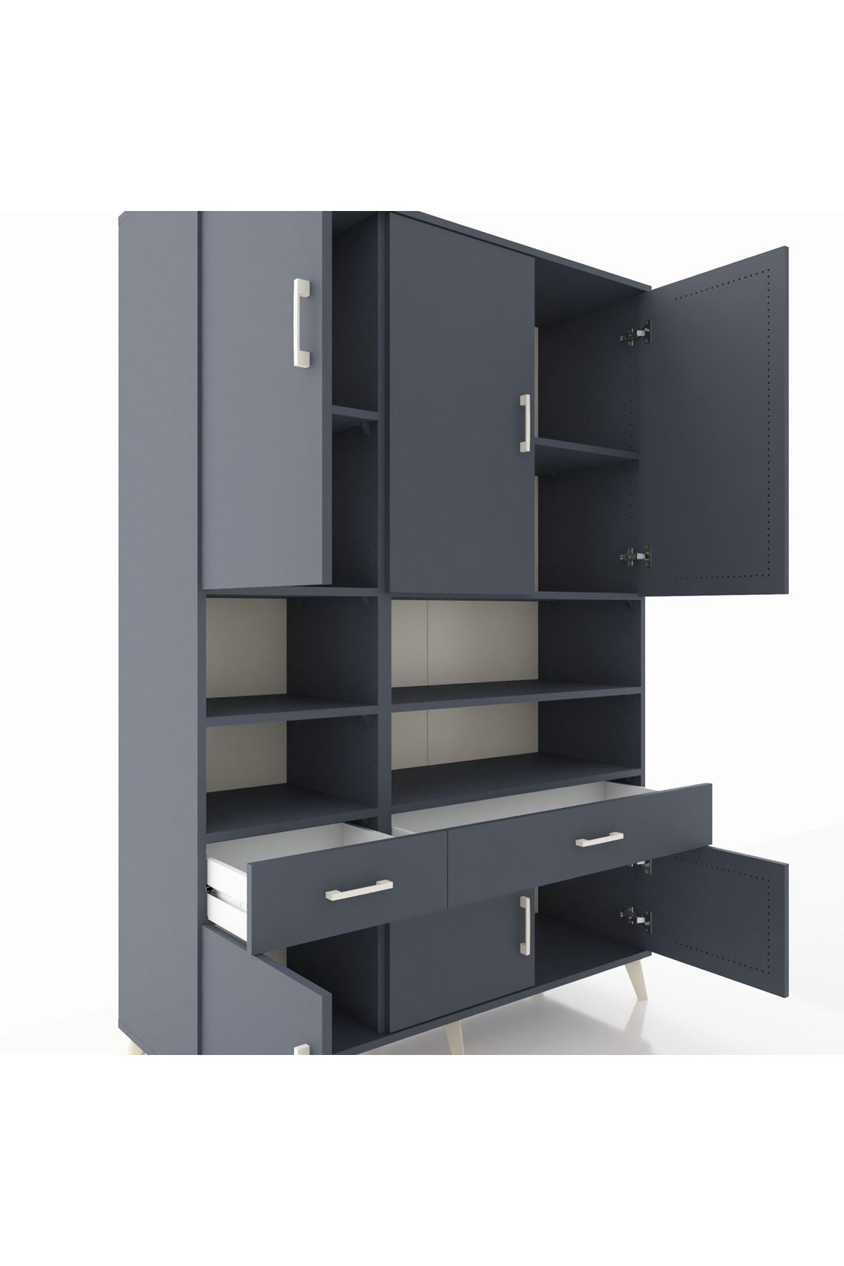 Hyperion Dolap 8 Raflı 2 Çekmeceli 6 Kapaklı 132x44x195 Antrasit-Antrasit/Antrasit