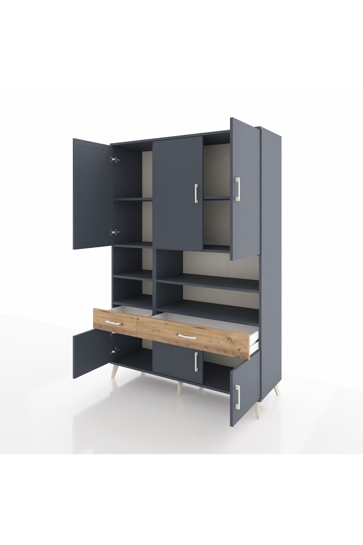 Hyperion Dolap 8 Raflı 2 Çekmeceli 6 Kapaklı 132x44x195 Antrasit-Antrasit/Çam