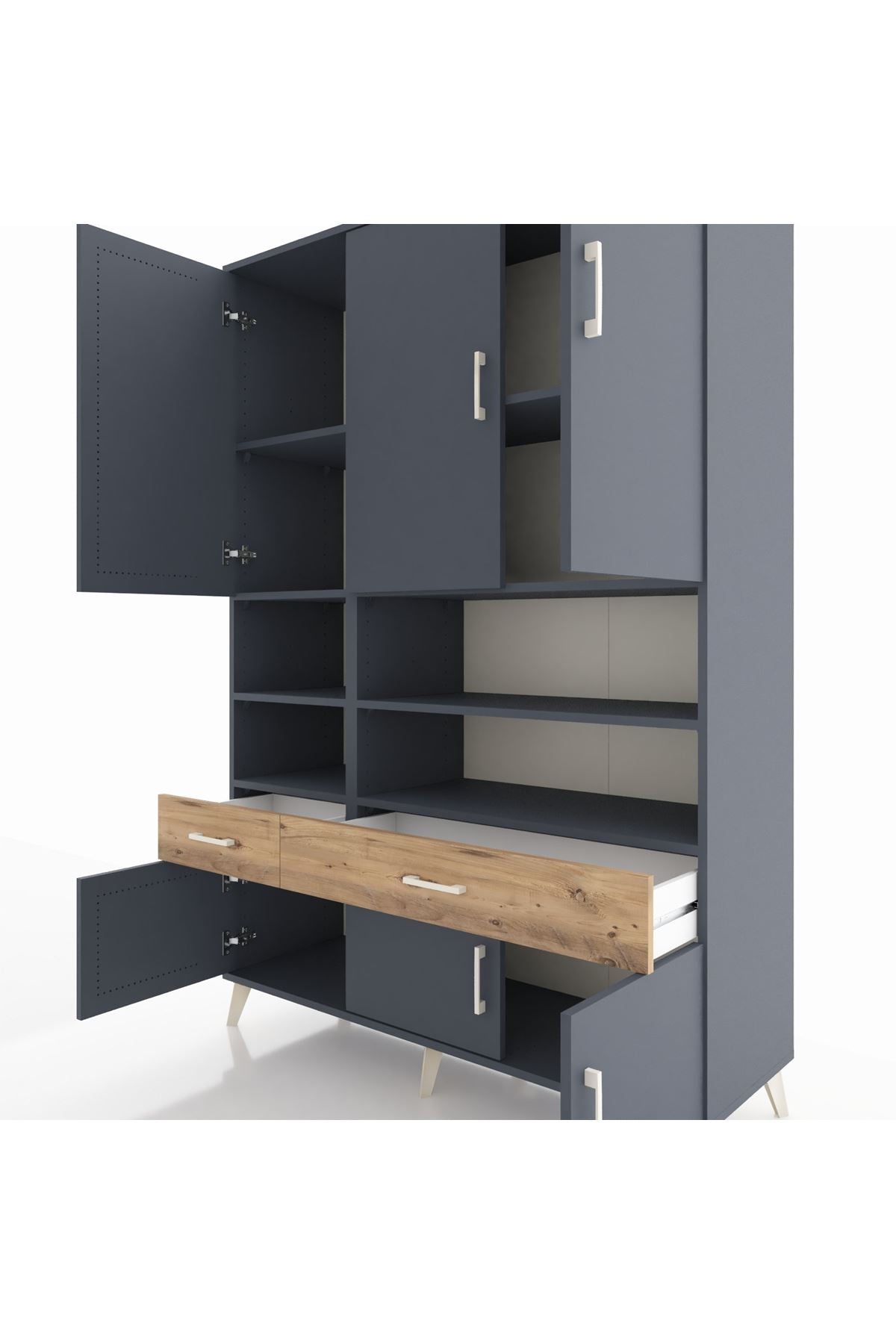 Hyperion Dolap 8 Raflı 2 Çekmeceli 6 Kapaklı 132x44x195 Antrasit-Antrasit/Çam