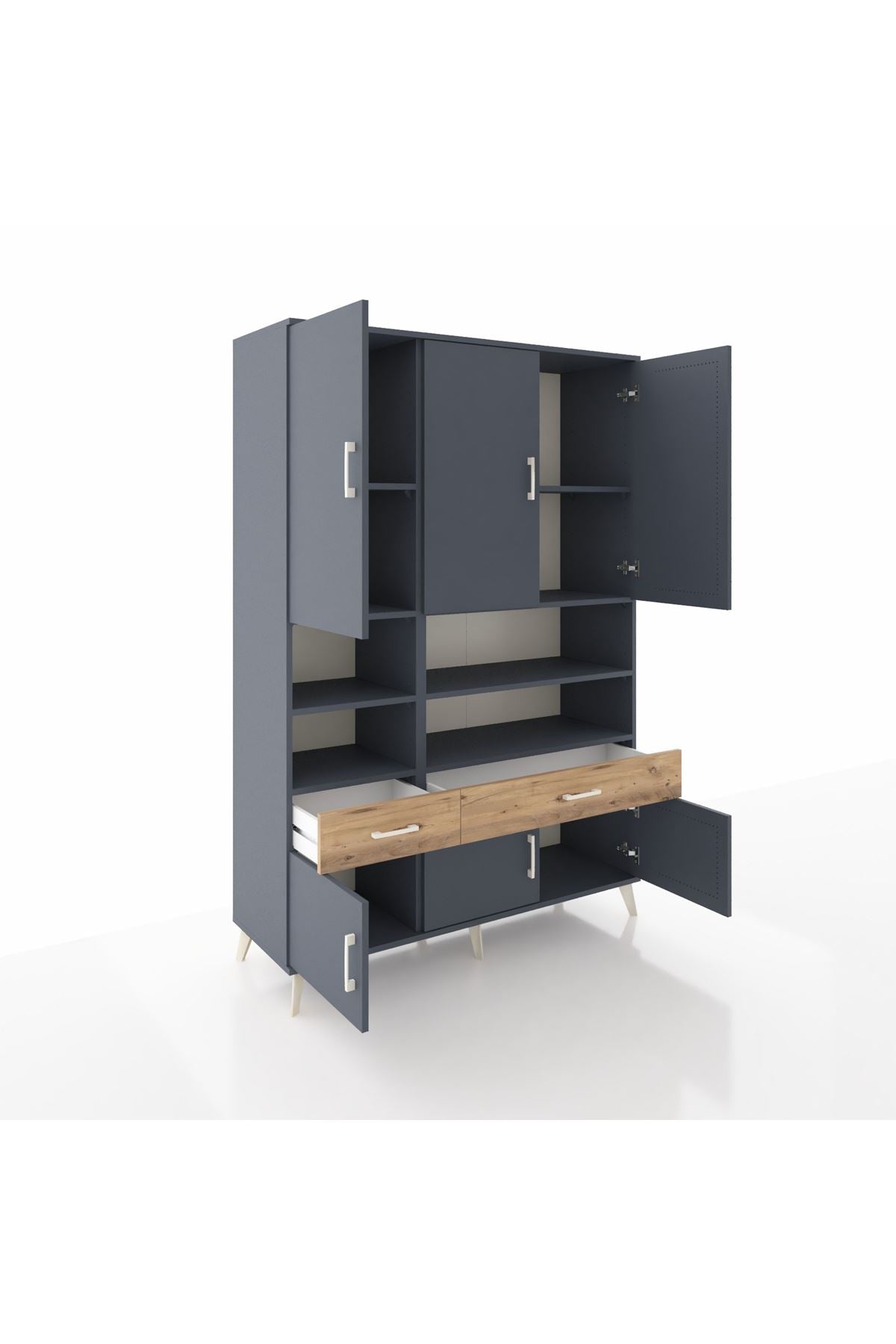 Hyperion Dolap 8 Raflı 2 Çekmeceli 6 Kapaklı 132x44x195 Antrasit-Antrasit/Çam