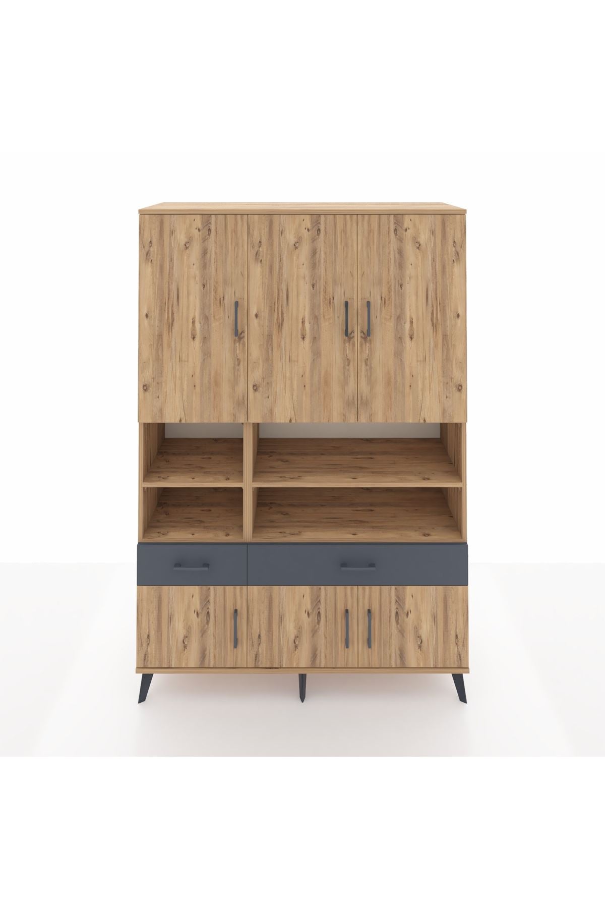 Hyperion Dolap 8 Raflı 2 Çekmeceli 6 Kapaklı 132x44x195 Çam-Çam/Antrasit
