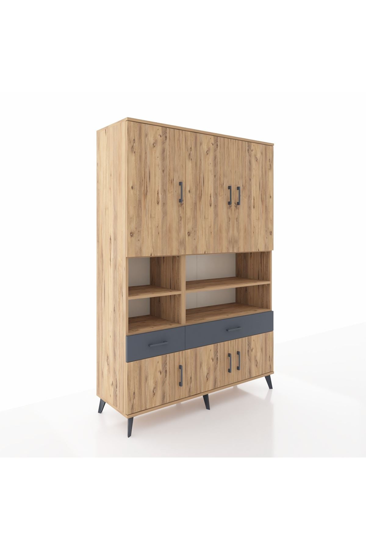 Hyperion Dolap 8 Raflı 2 Çekmeceli 6 Kapaklı 132x44x195 Çam-Çam/Antrasit