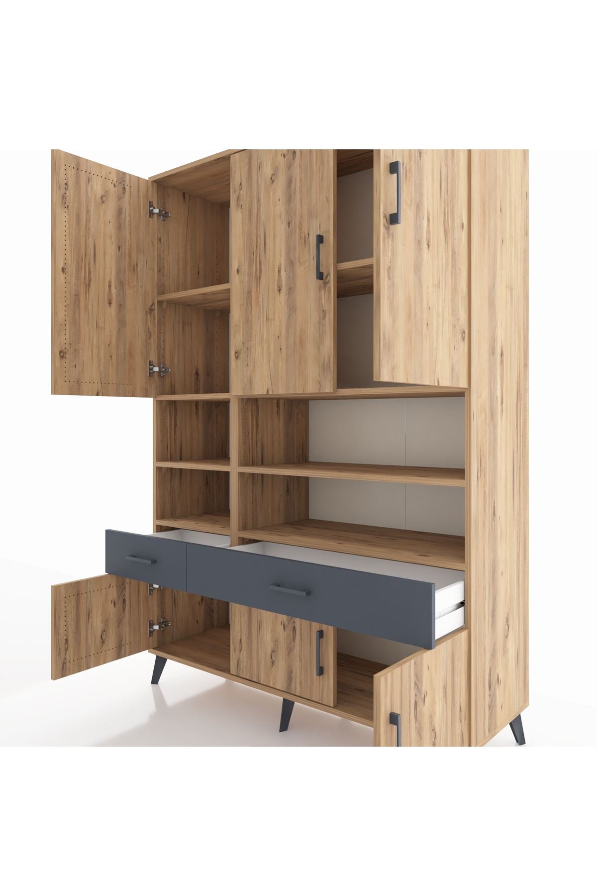 Hyperion Dolap 8 Raflı 2 Çekmeceli 6 Kapaklı 132x44x195 Çam-Çam/Antrasit