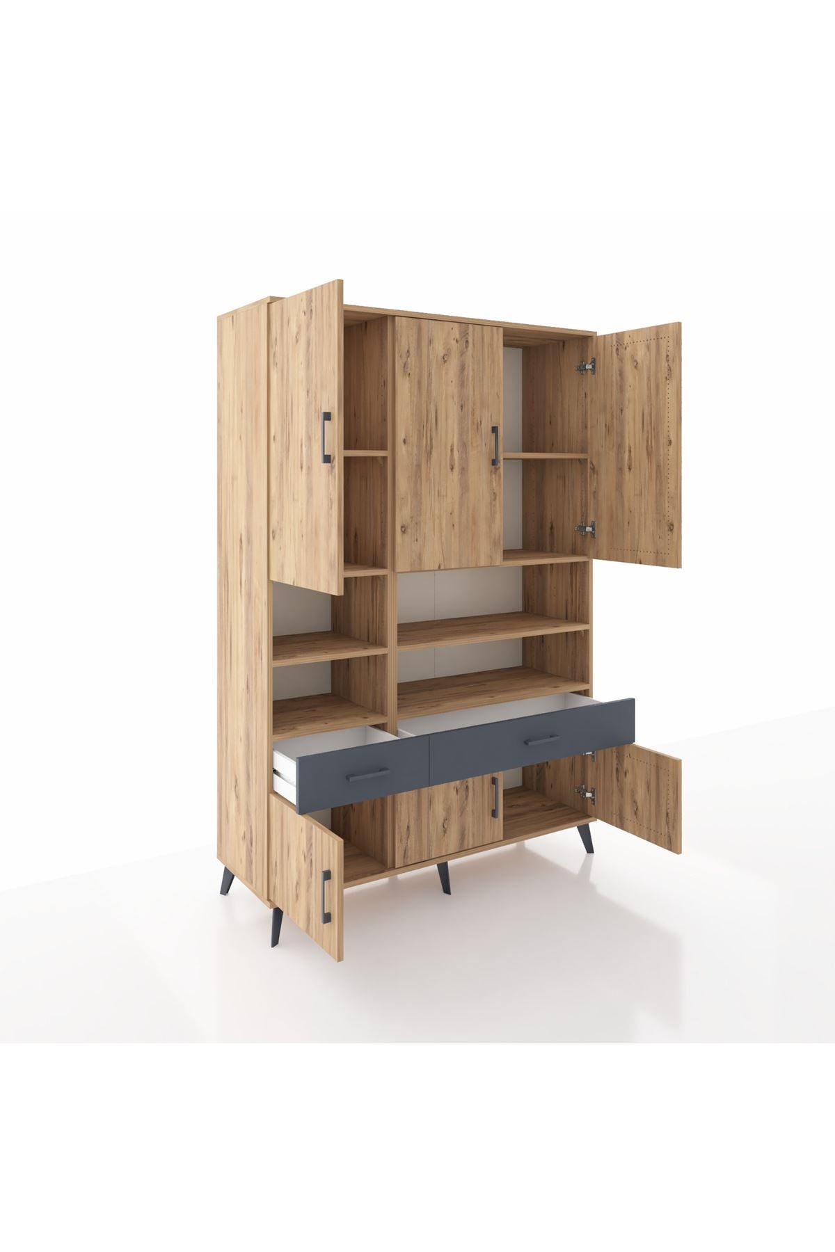 Hyperion Dolap 8 Raflı 2 Çekmeceli 6 Kapaklı 132x44x195 Çam-Çam/Antrasit